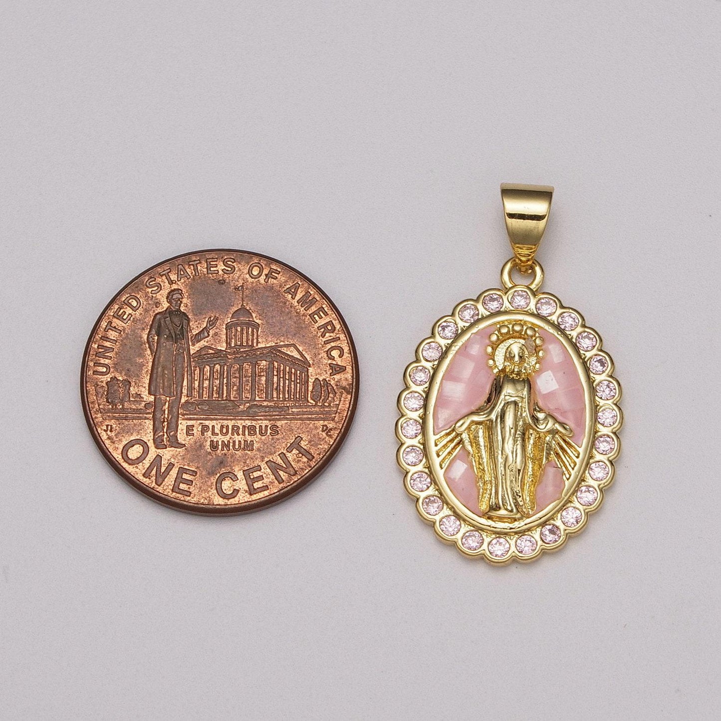 Pink virgin mary charm, cz micro pave miraculous lady guadalupe pendant, 24k gold filled medallion religious jewelry making, n-1412