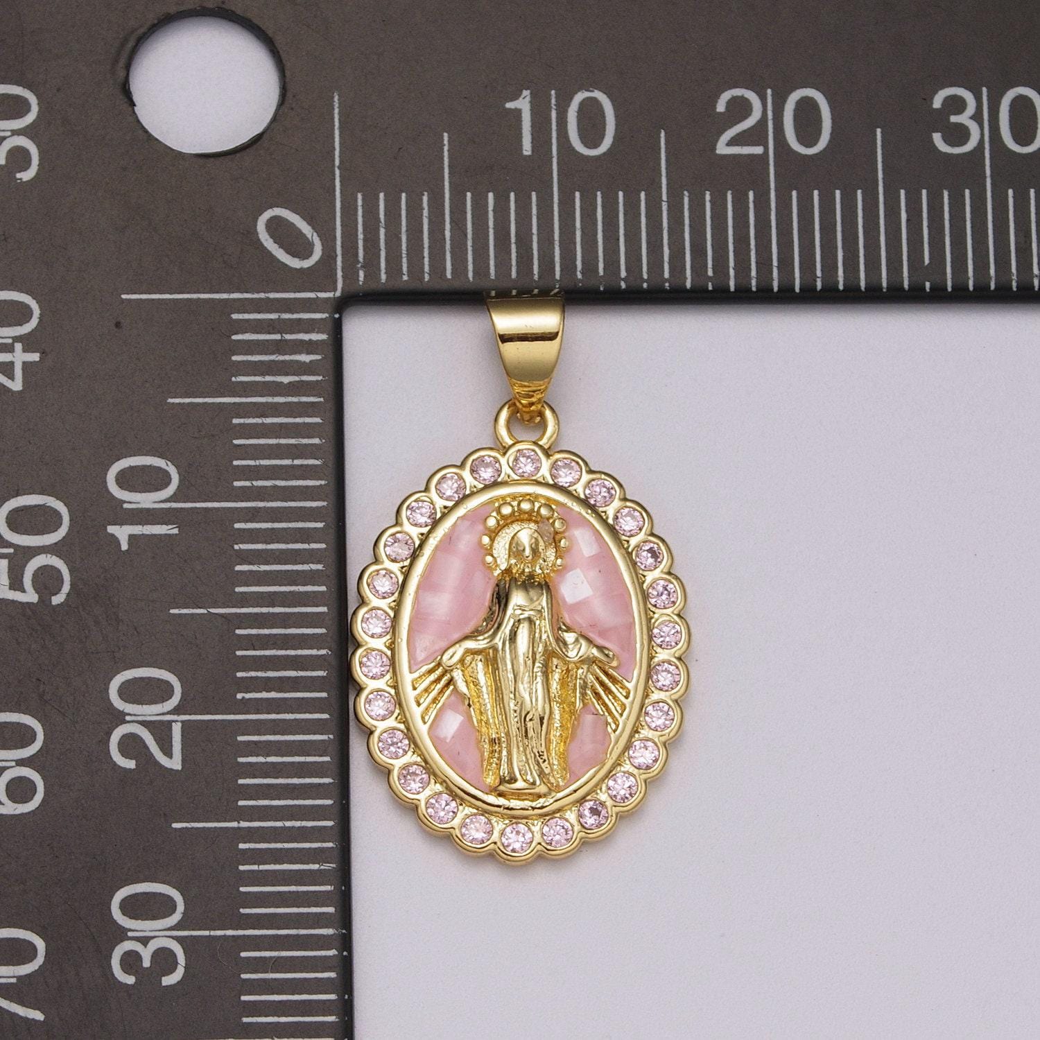 Pink virgin mary charm, cz micro pave miraculous lady guadalupe pendant, 24k gold filled medallion religious jewelry making, n-1412
