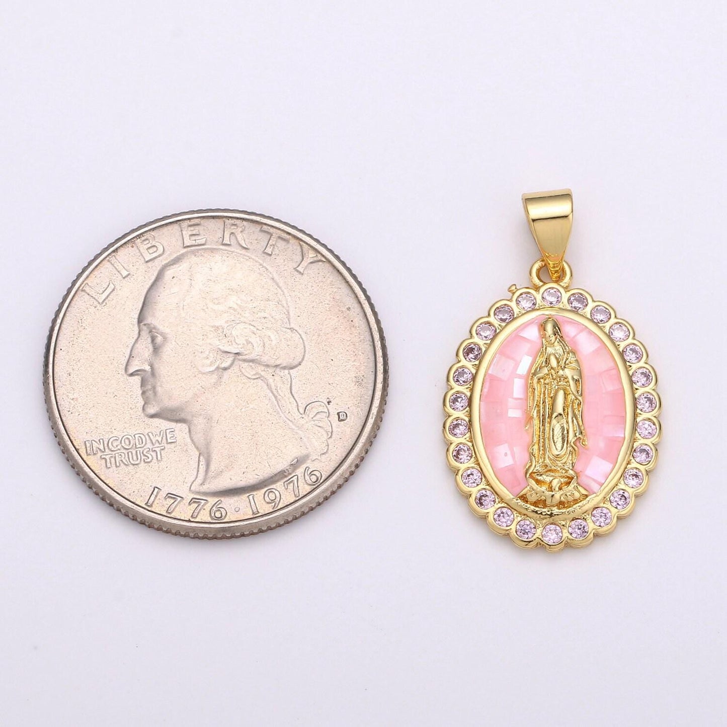 Pink virgin mary charm, cz micro pave miraculous lady guadalupe pendant, 24k gold filled medallion religious jewelry making, n-1412