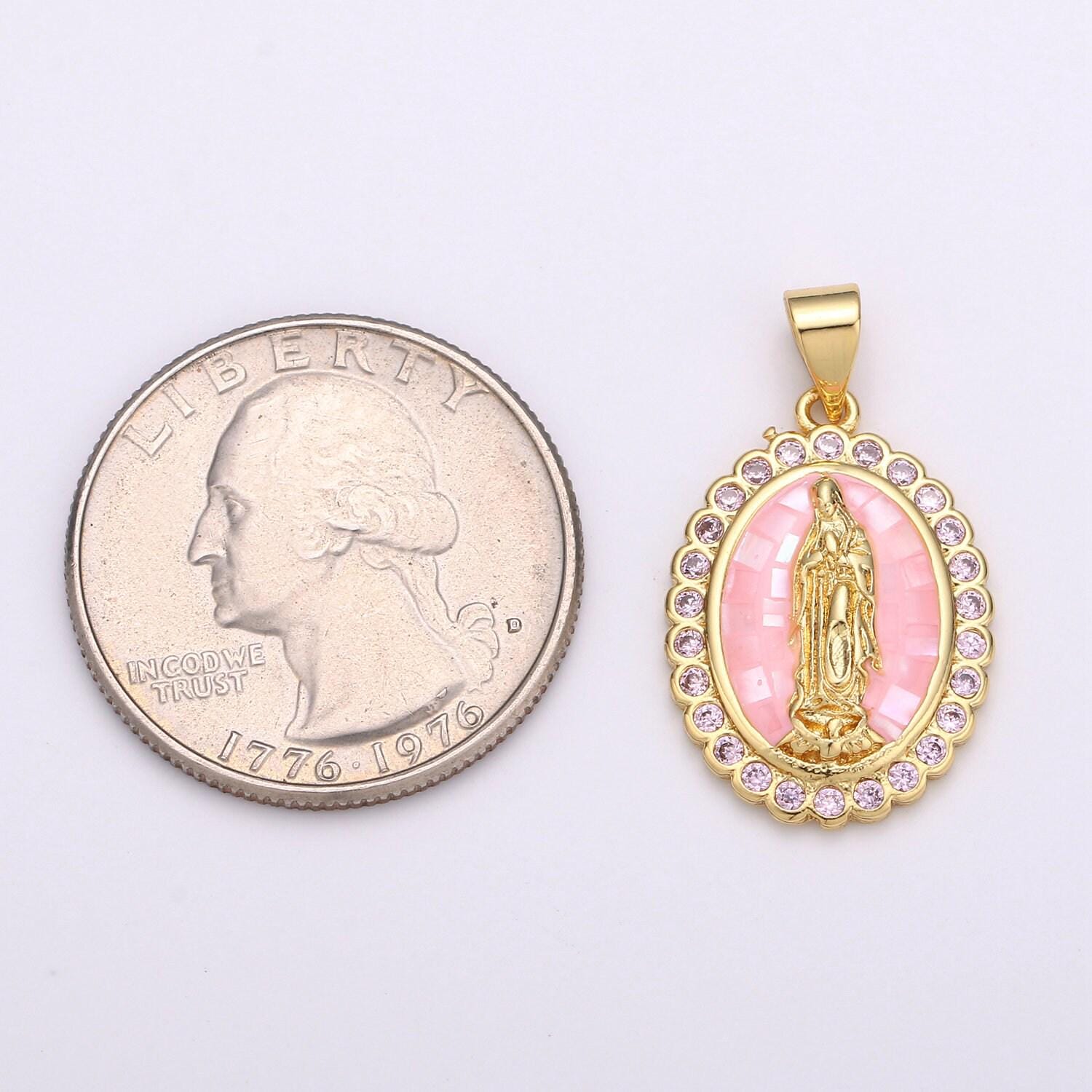 Pink virgin mary charm, cz micro pave miraculous lady guadalupe pendant, 24k gold filled medallion religious jewelry making, n-1412