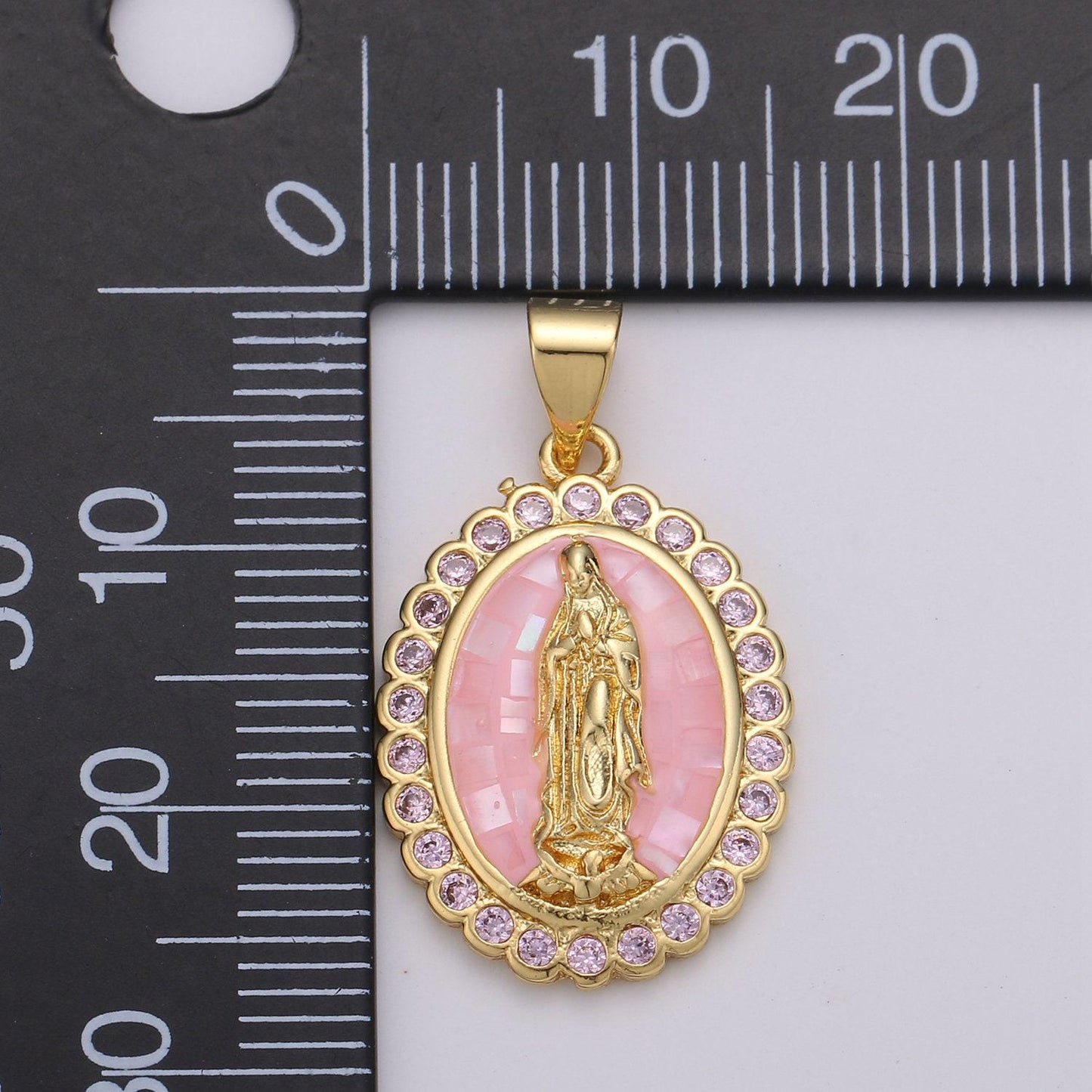 Pink virgin mary charm, cz micro pave miraculous lady guadalupe pendant, 24k gold filled medallion religious jewelry making, n-1412
