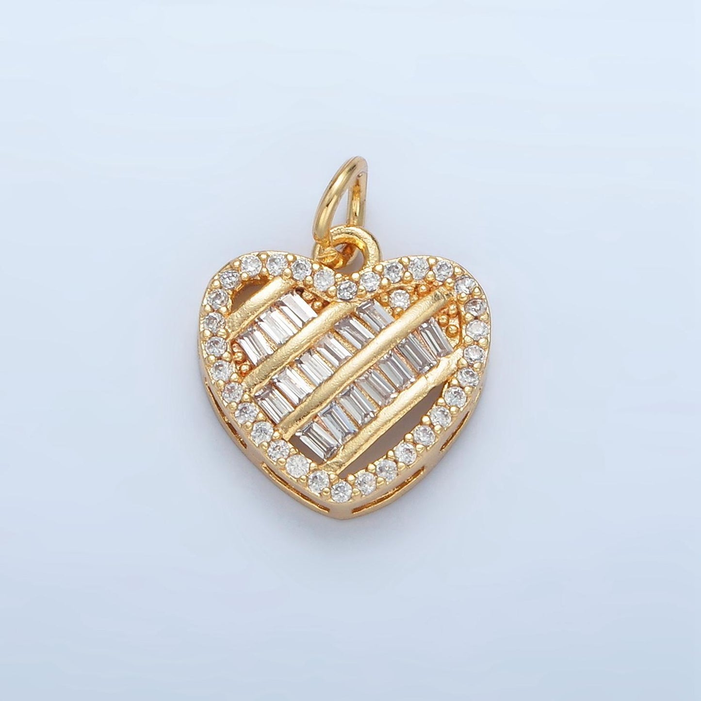 Open back baguette heart micro cz paved, 24k gold filled heart charm | n-1380