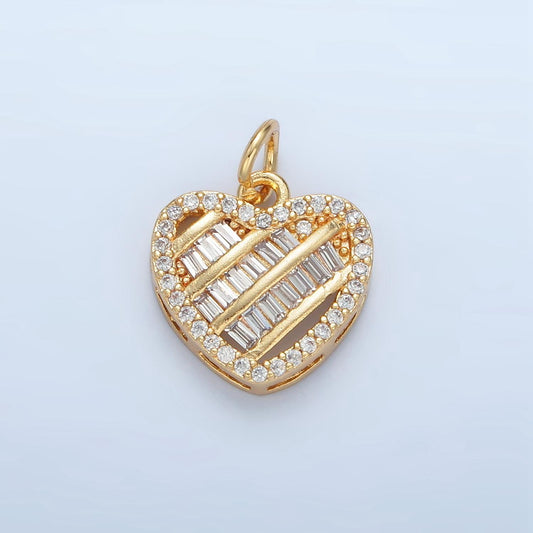 Open back baguette heart micro cz paved, 24k gold filled heart charm | n-1380