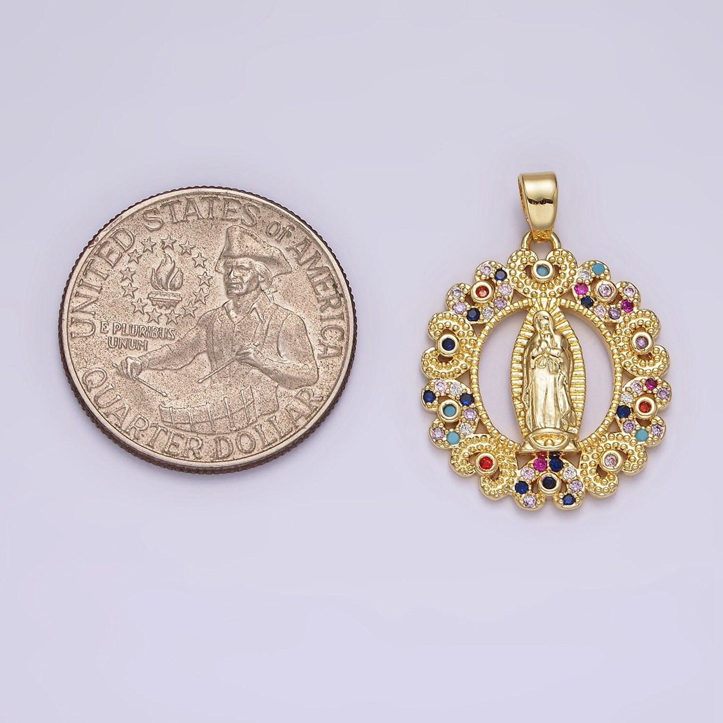 14k gold filled mary lady guadalupe multicolor cz dotted heart outline open oval pendant | n1317