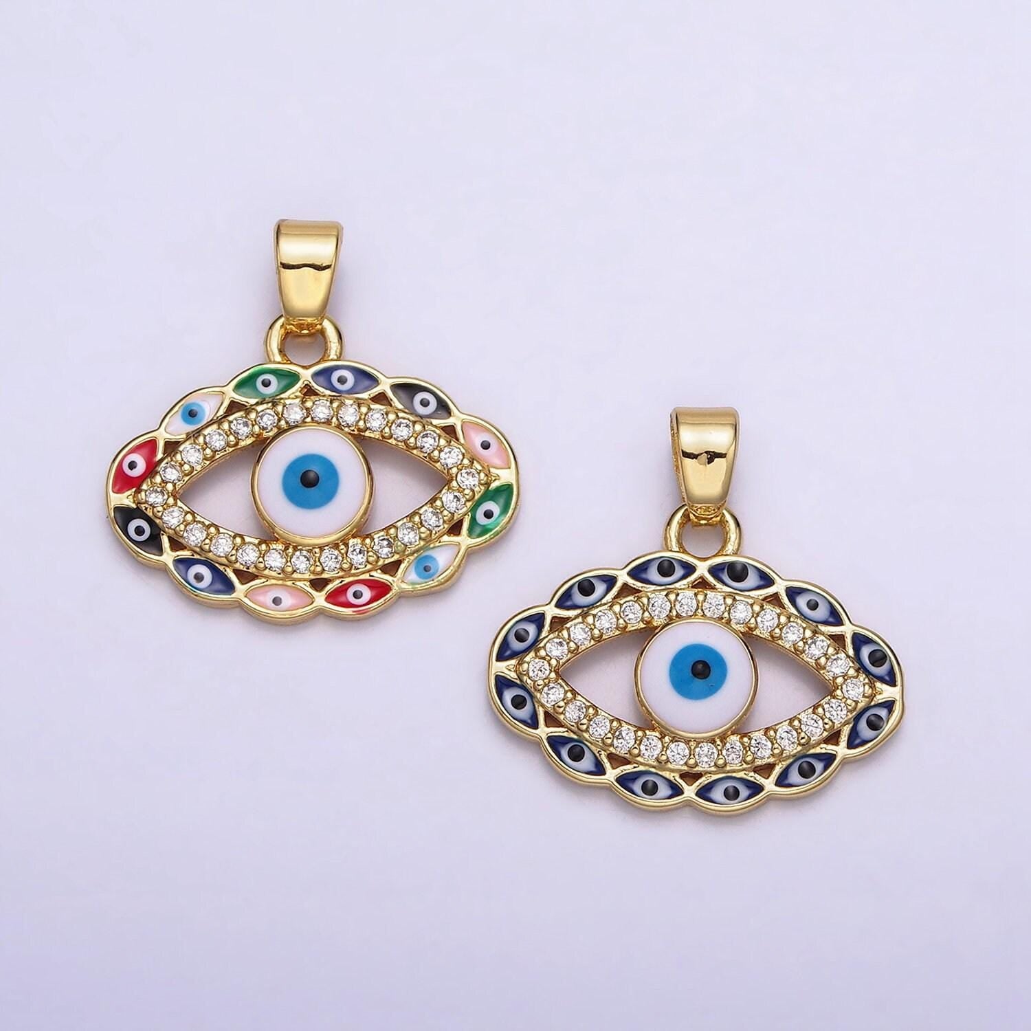 14k gold filled blue, multicolor evil eye open micro paved cz pendant | n1313