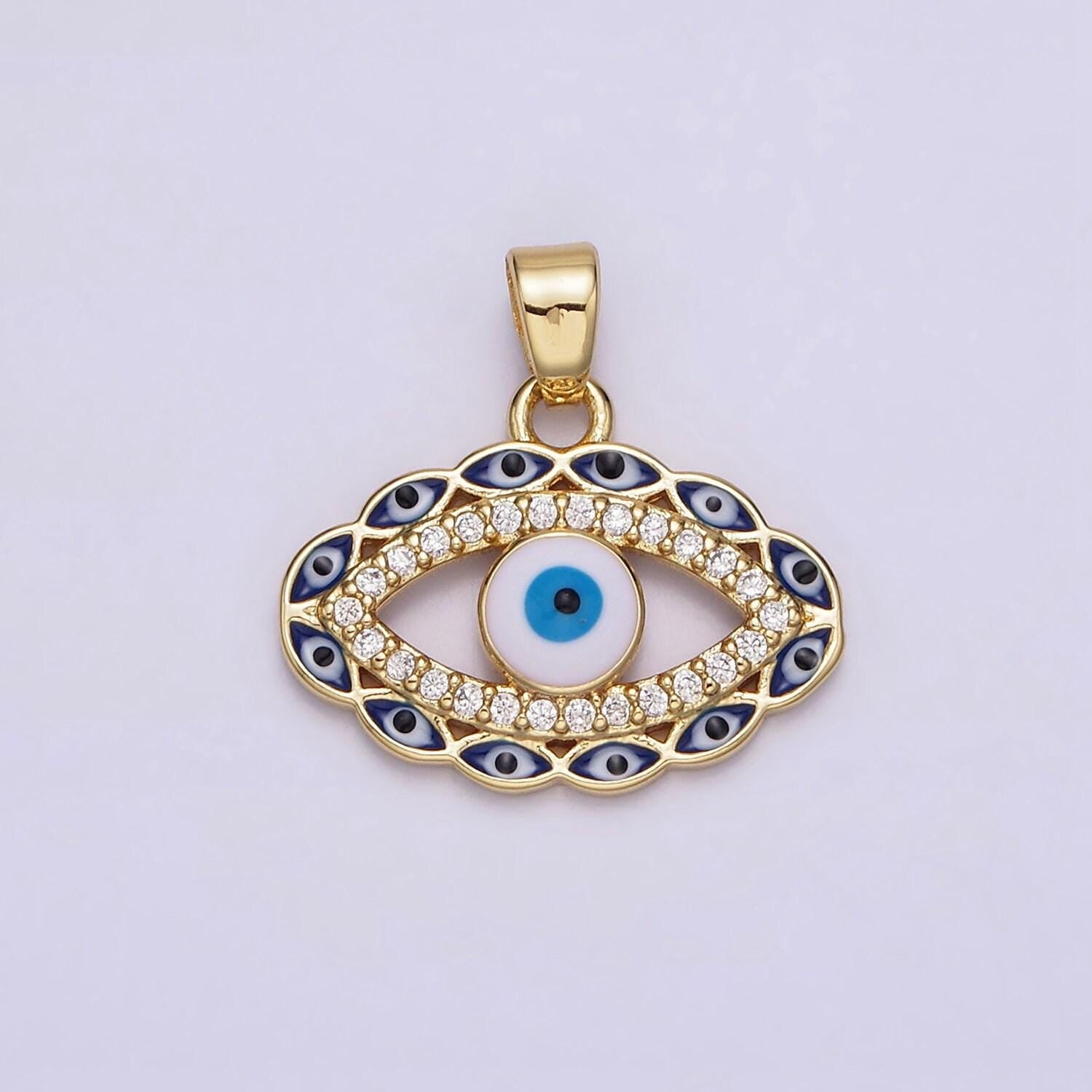 14k gold filled blue, multicolor evil eye open micro paved cz pendant | n1313