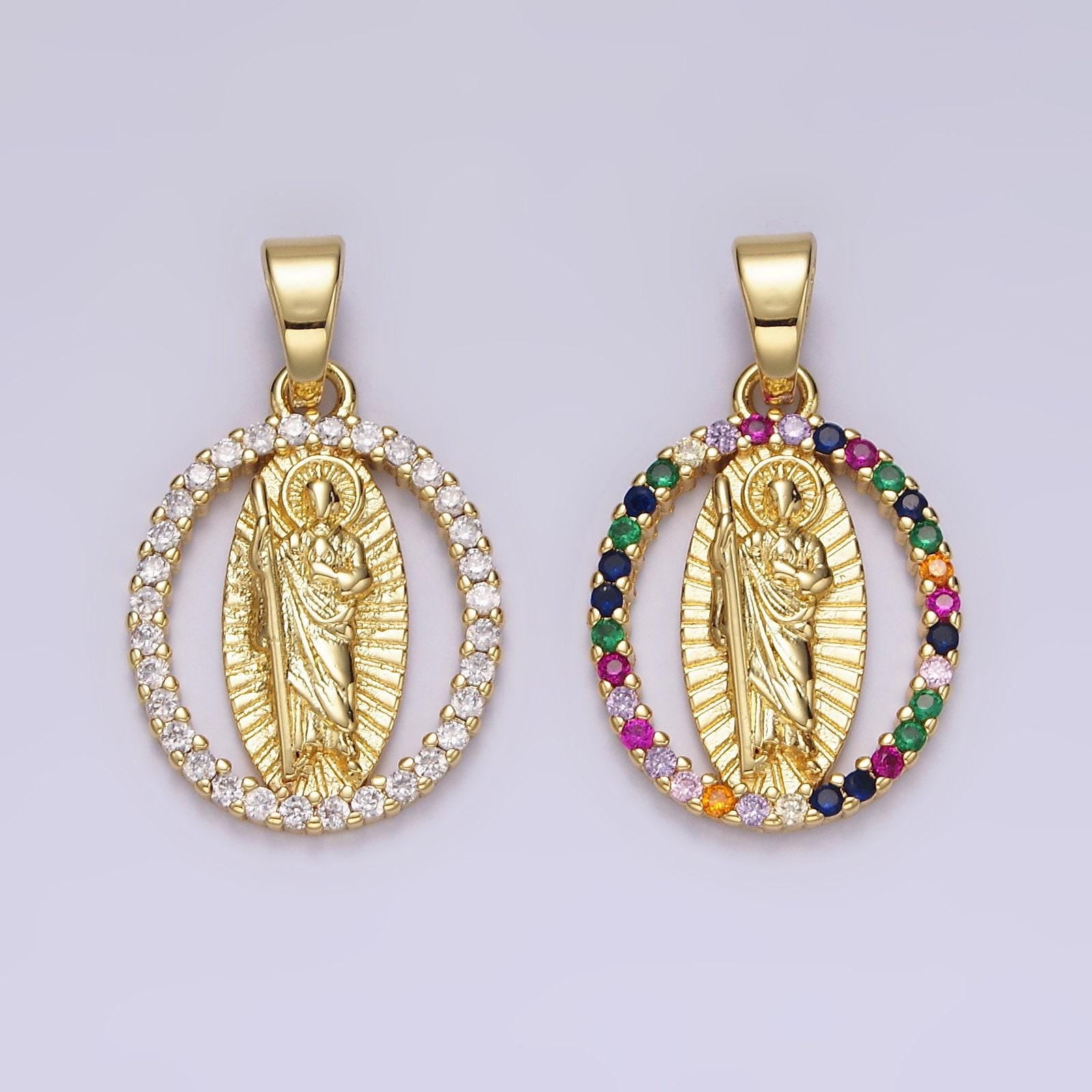 14k gold filled clear, multicolor cz saint jude sunburst open oval pendant | n1309 n1310
