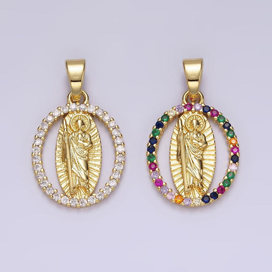 14k gold filled clear, multicolor cz saint jude sunburst open oval pendant | n1309 n1310