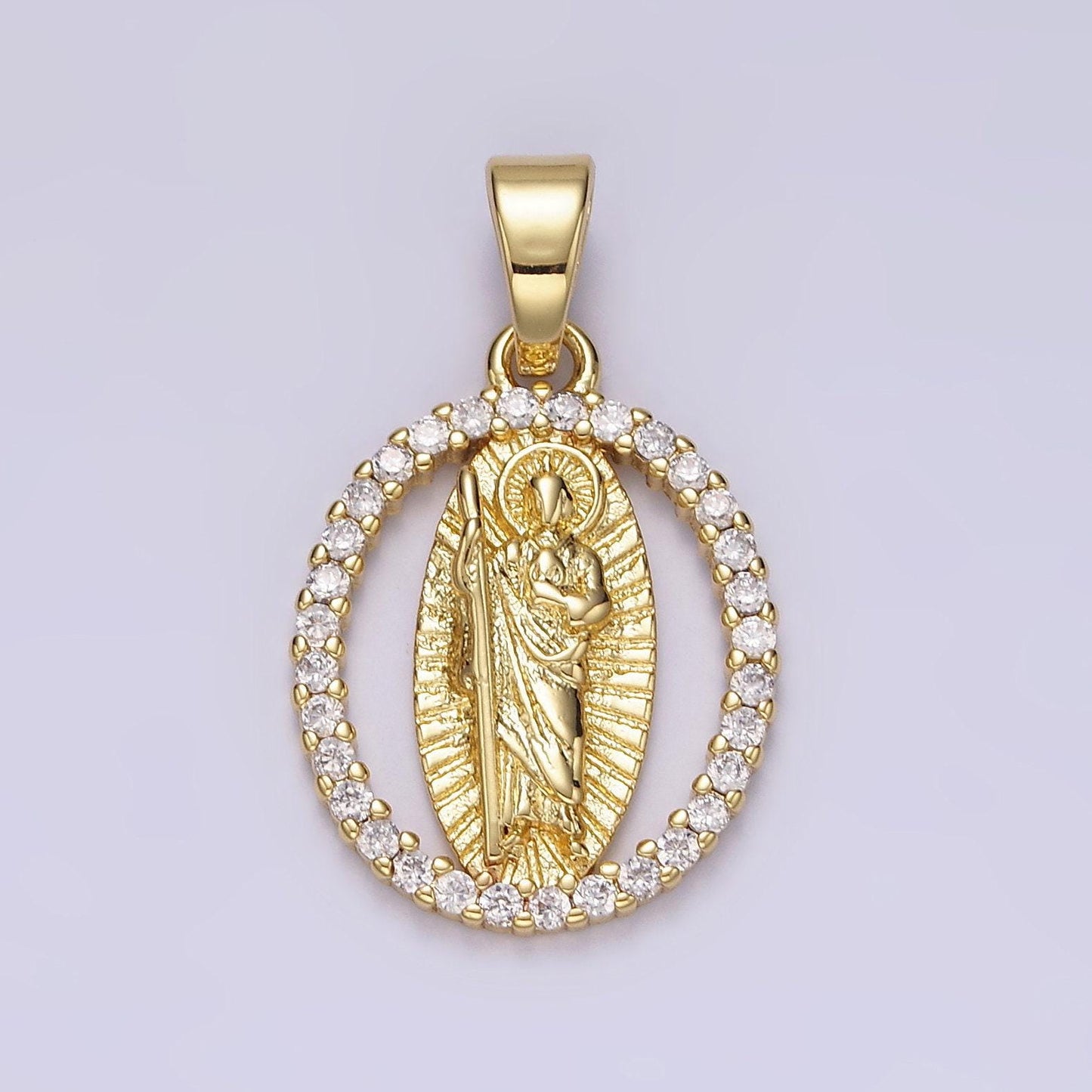 14k gold filled clear, multicolor cz saint jude sunburst open oval pendant | n1309 n1310