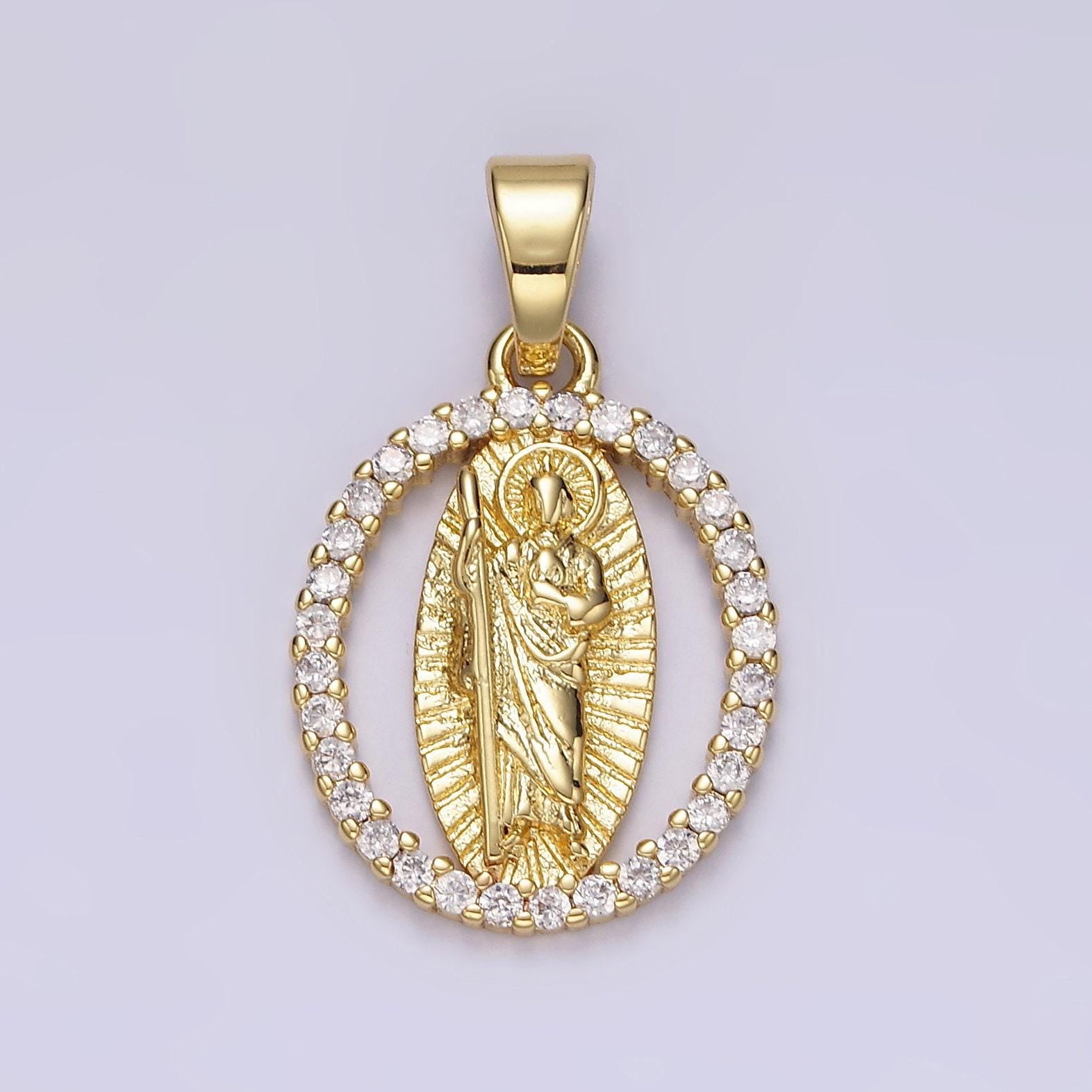 14k gold filled clear, multicolor cz saint jude sunburst open oval pendant | n1309 n1310
