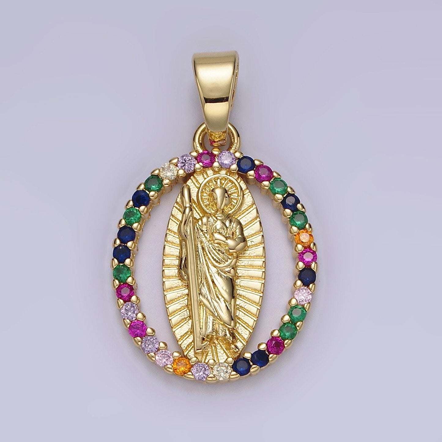 14k gold filled clear, multicolor cz saint jude sunburst open oval pendant | n1309 n1310