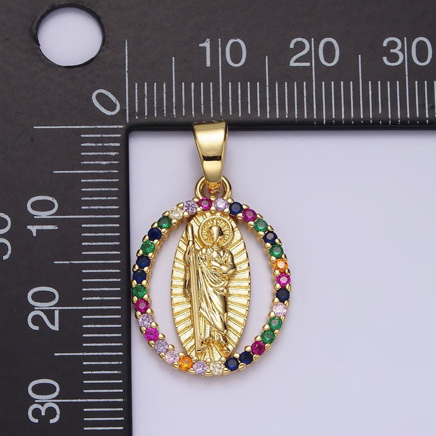 14k gold filled clear, multicolor cz saint jude sunburst open oval pendant | n1309 n1310