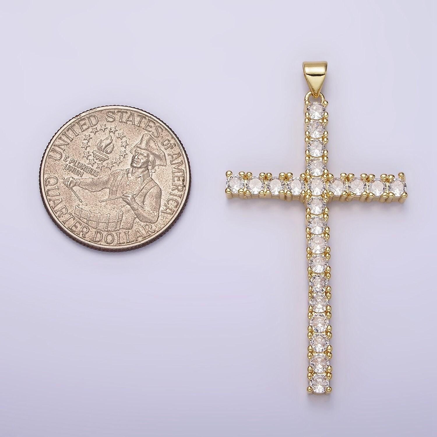 14k gold filled 54mm clear micro paved cz lined long latin cross religious pendant | n1303