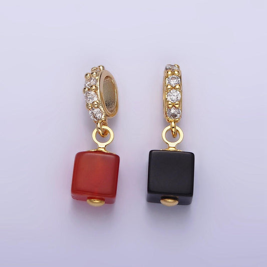 14k gold filled red carnelian, black onyx cube clear micro paved cz bail pendant | n1296 n1297