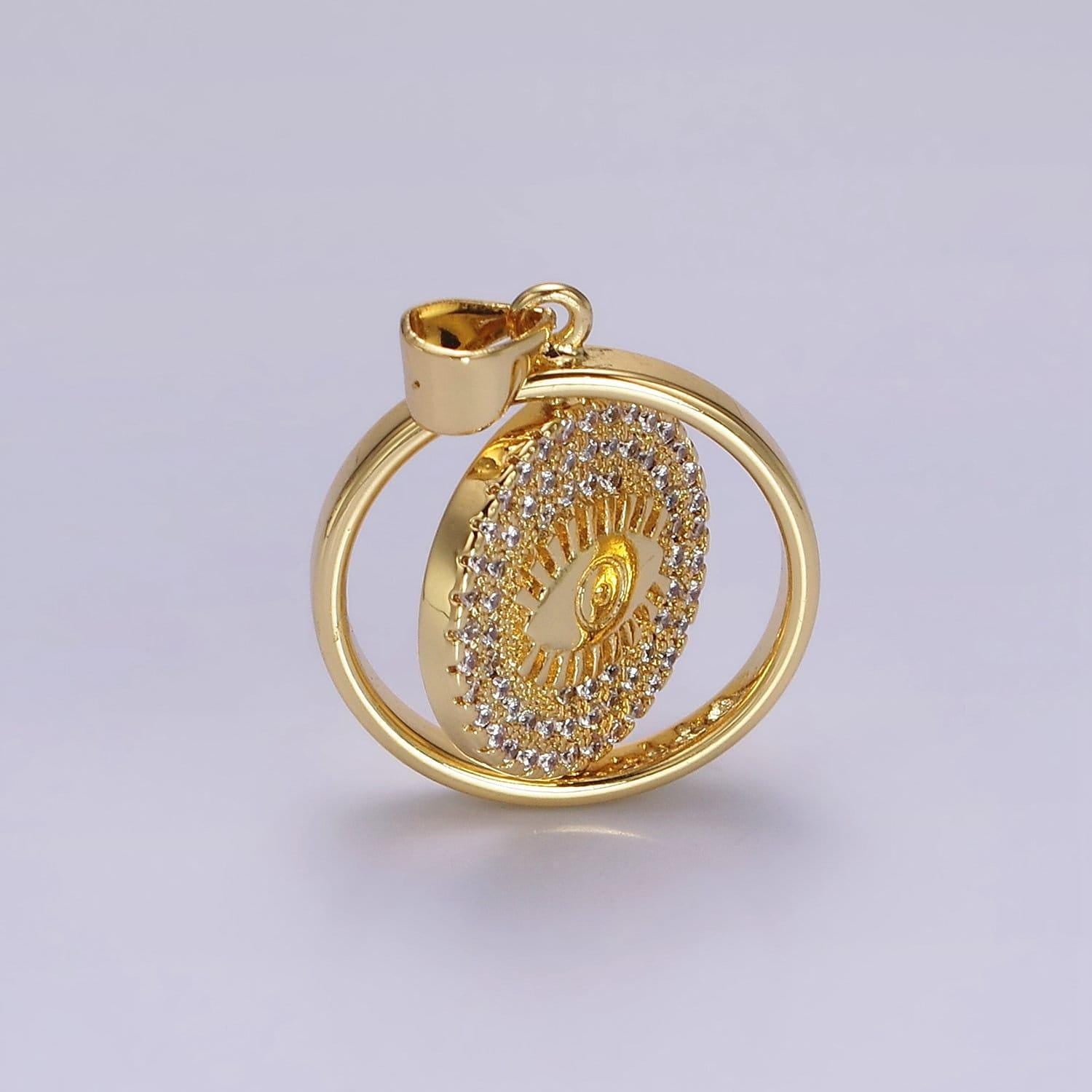 14k gold filled evil eye clear micro paved cz double sided spinning round pendant | n1288