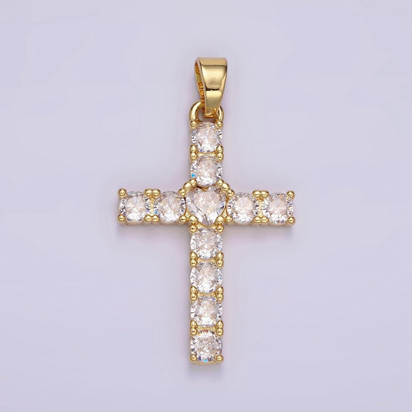 14k gold filled 40mm clear round cz lined religious cross pendant | n1287