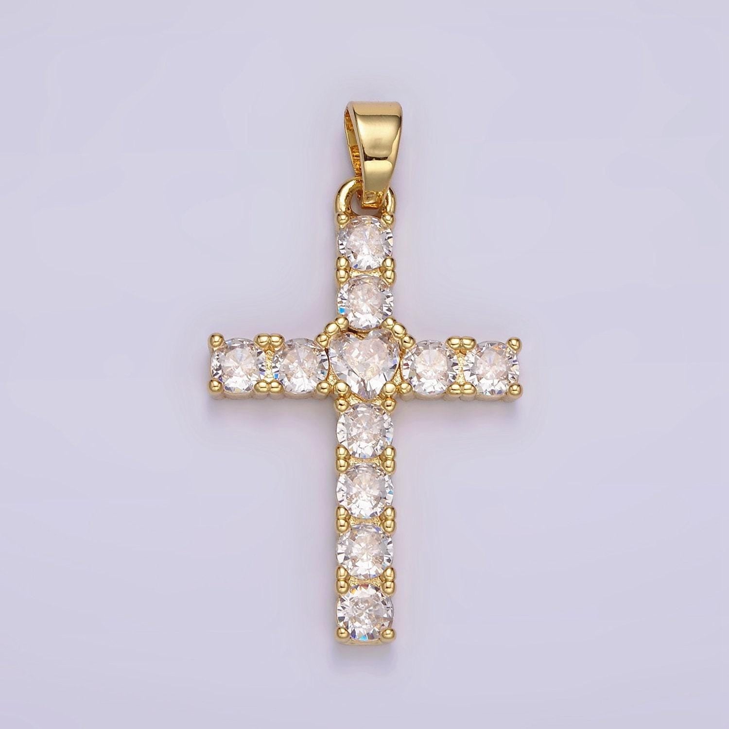 14k gold filled 40mm clear round cz lined religious cross pendant | n1287