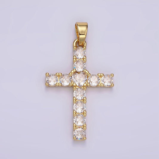 14k gold filled 40mm clear round cz lined religious cross pendant | n1287