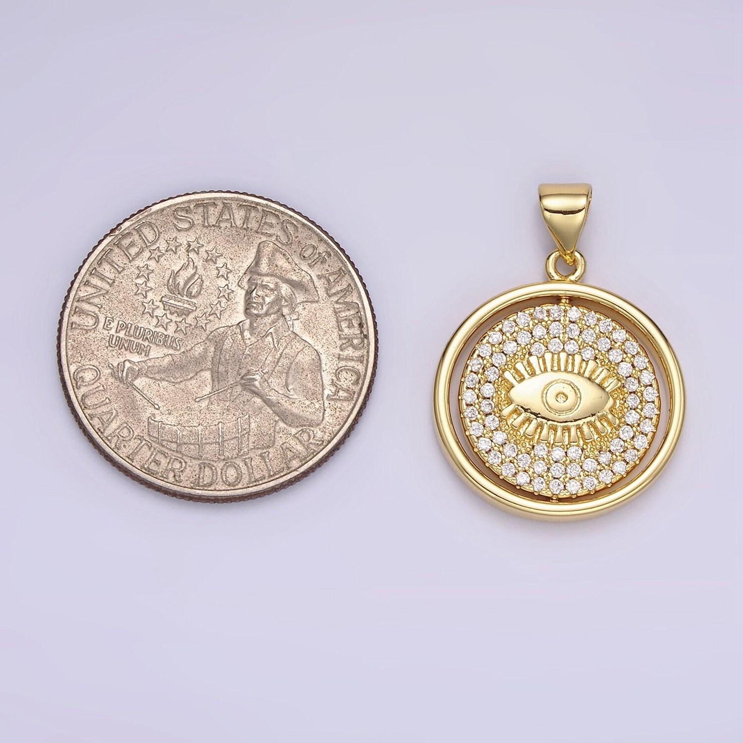 14k gold filled evil eye clear micro paved cz double sided spinning round pendant | n1288