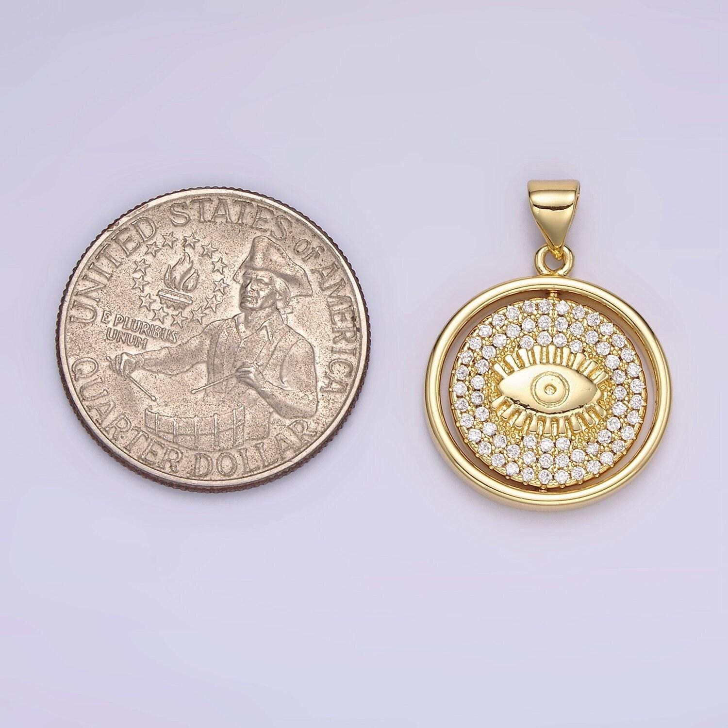 14k gold filled evil eye clear micro paved cz double sided spinning round pendant | n1288