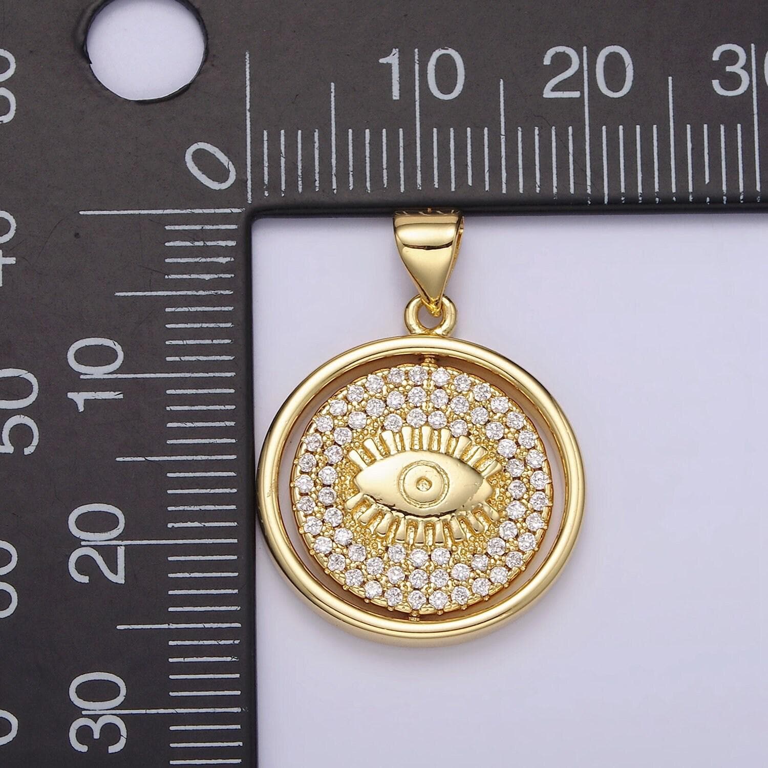 14k gold filled evil eye clear micro paved cz double sided spinning round pendant | n1288