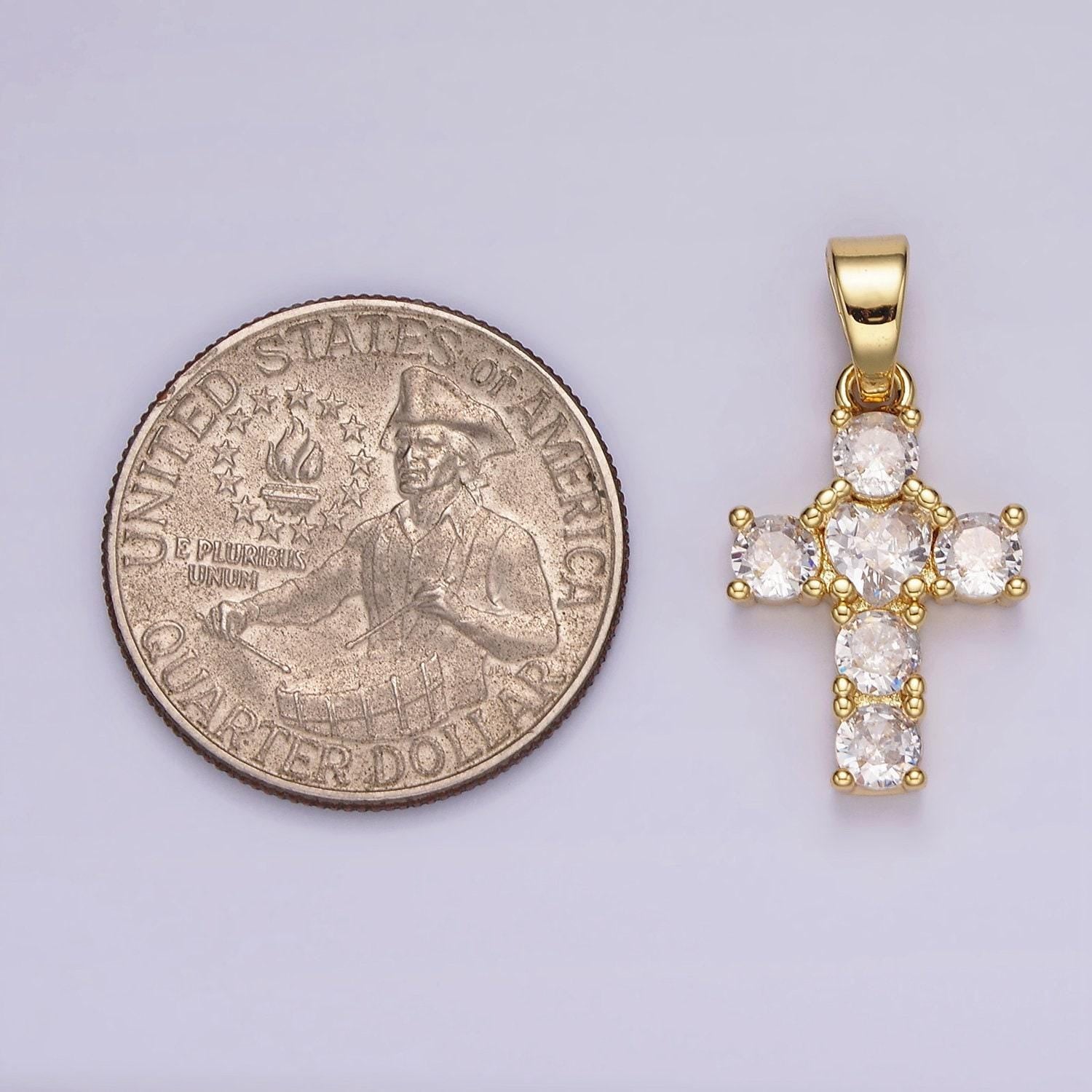 14k gold filled clear cz square lined 27mm beaded cross pendant | n1286