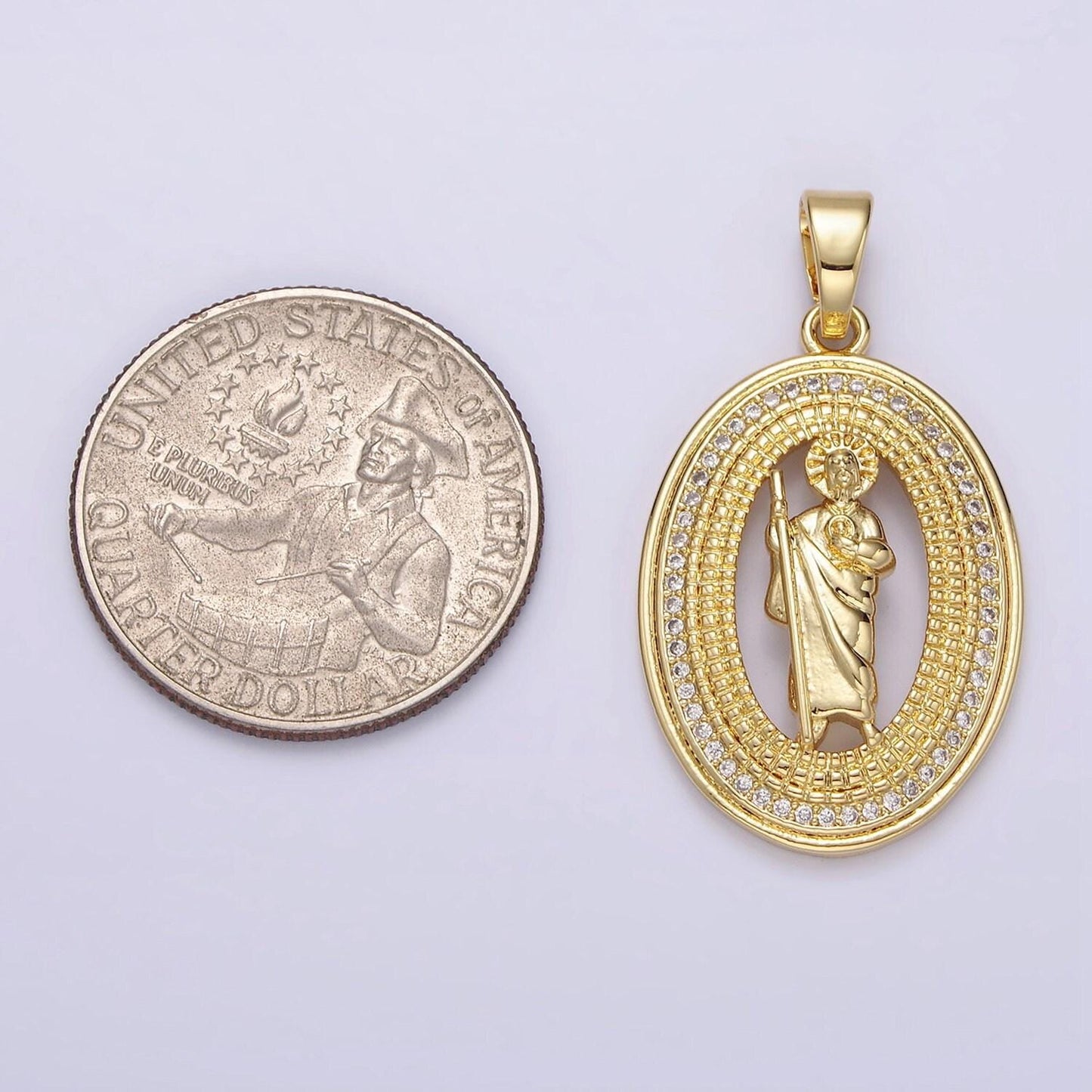 14k gold filled saint jude open beaded clear micro paved cz oval pendant | n1285