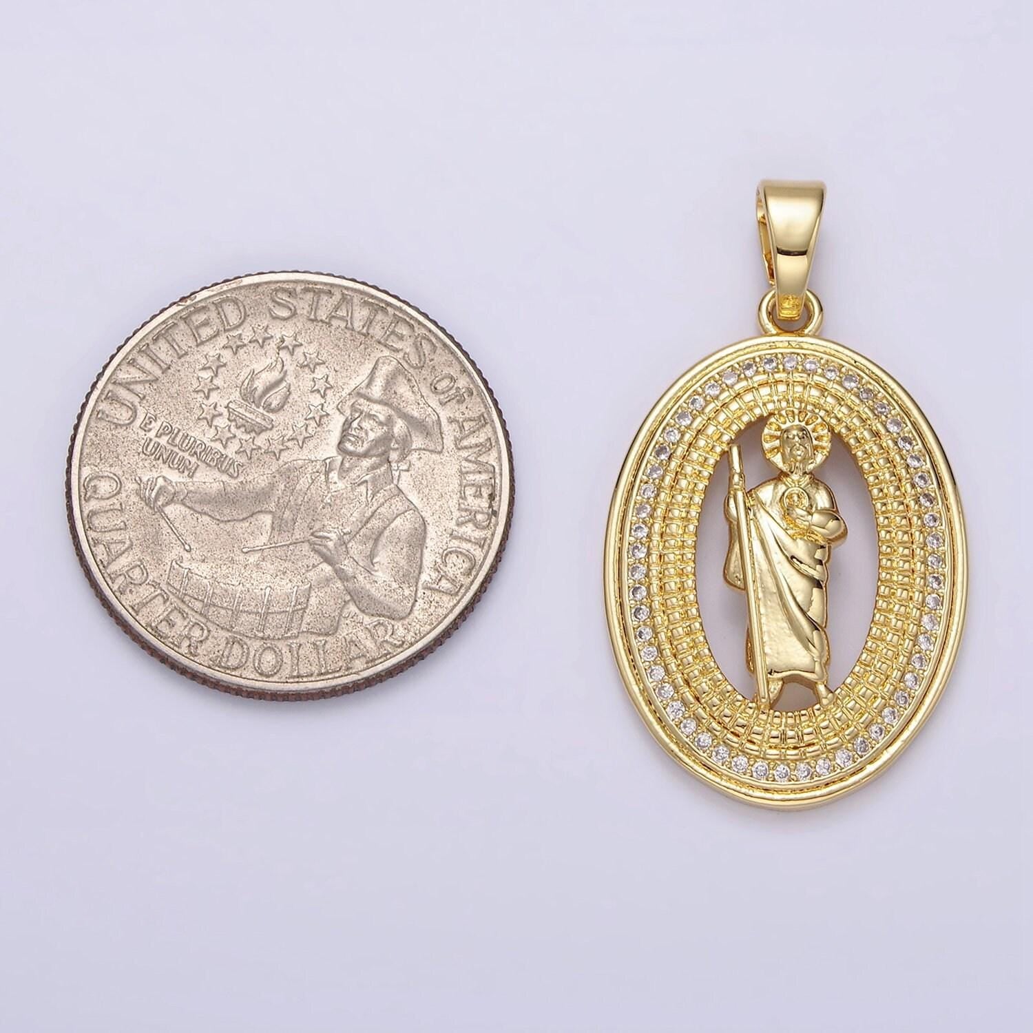 14k gold filled saint jude open beaded clear micro paved cz oval pendant | n1285