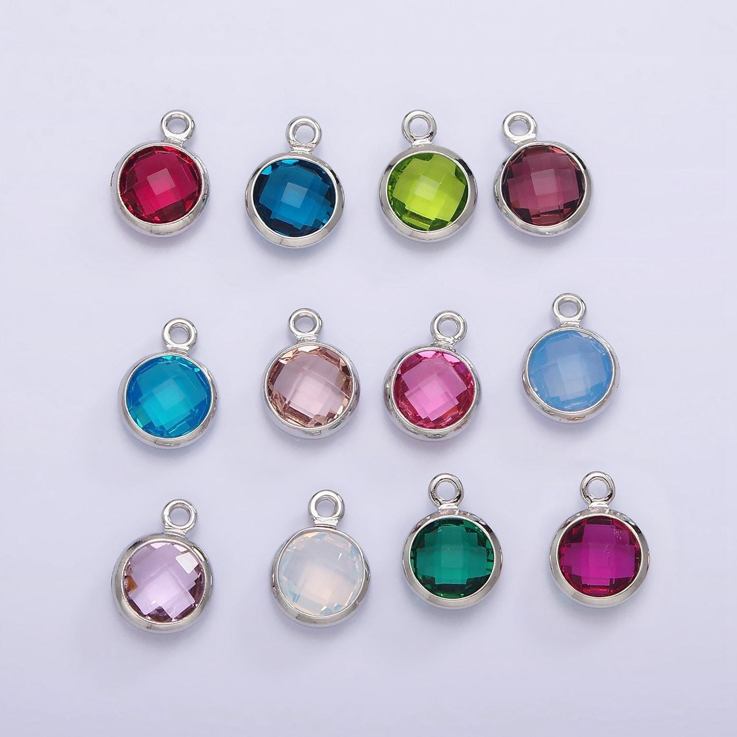 Silver 6mm multifaceted birthstone cz round personalized charm | n1173 - n1184