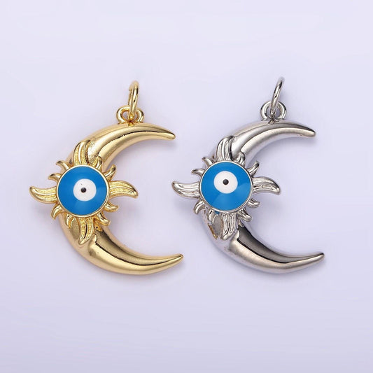 14k gold filled blue evil eye enamel celestial sun crescent moon charm in gold & silver | n1169 n1170