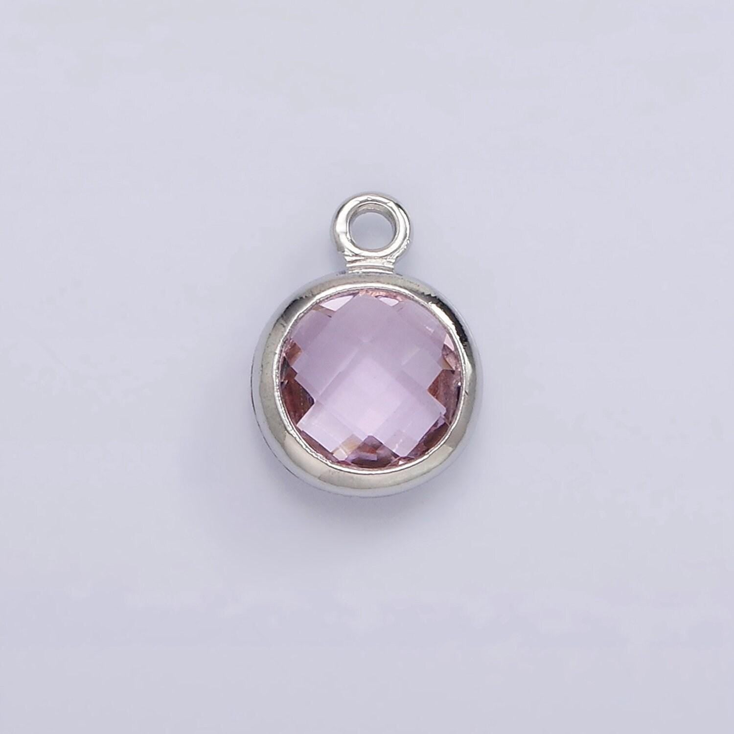 Silver 6mm multifaceted birthstone cz round personalized charm | n1173 - n1184