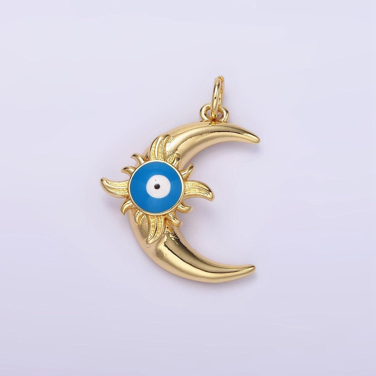 14k gold filled blue evil eye enamel celestial sun crescent moon charm in gold & silver | n1169 n1170