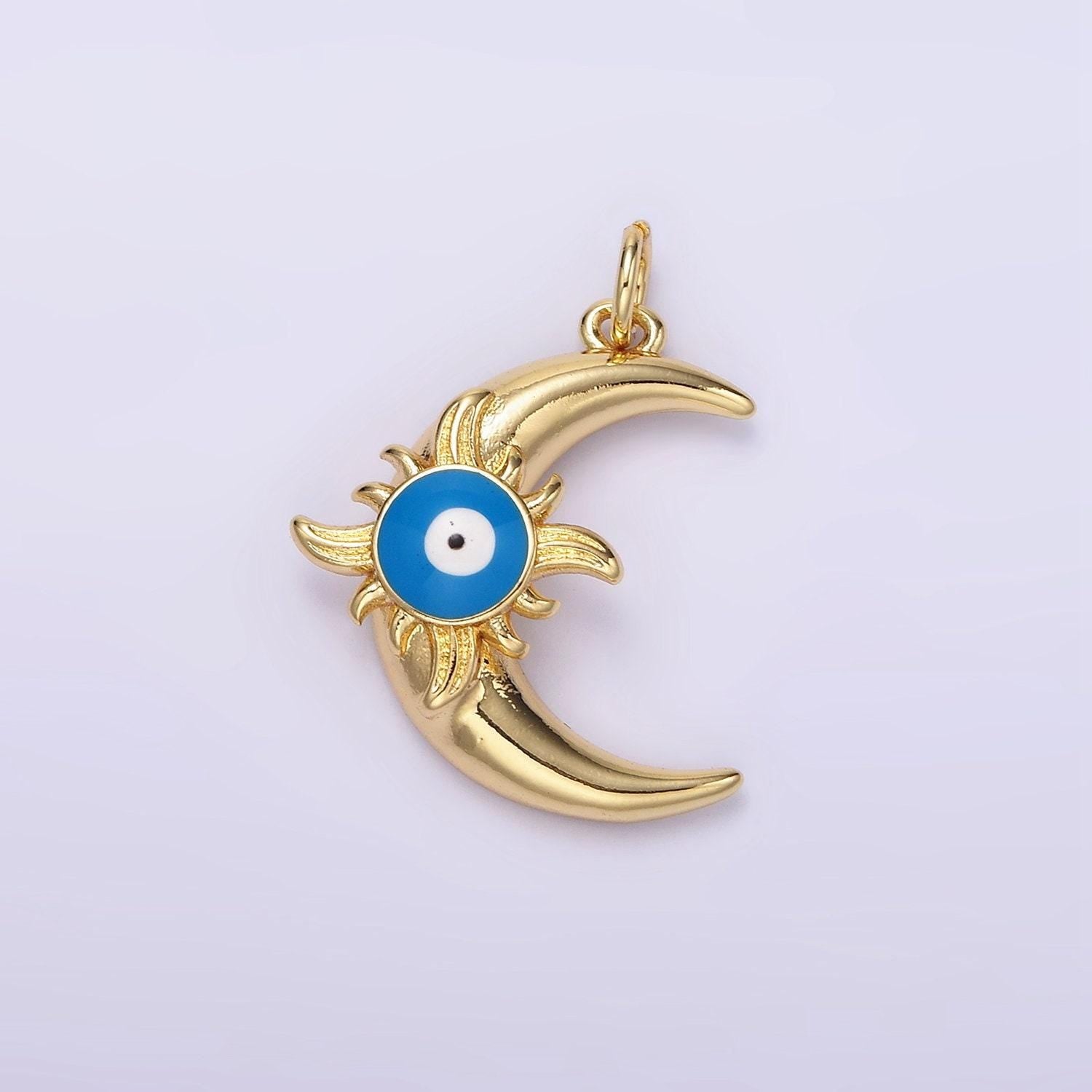 14k gold filled blue evil eye enamel celestial sun crescent moon charm in gold & silver | n1169 n1170