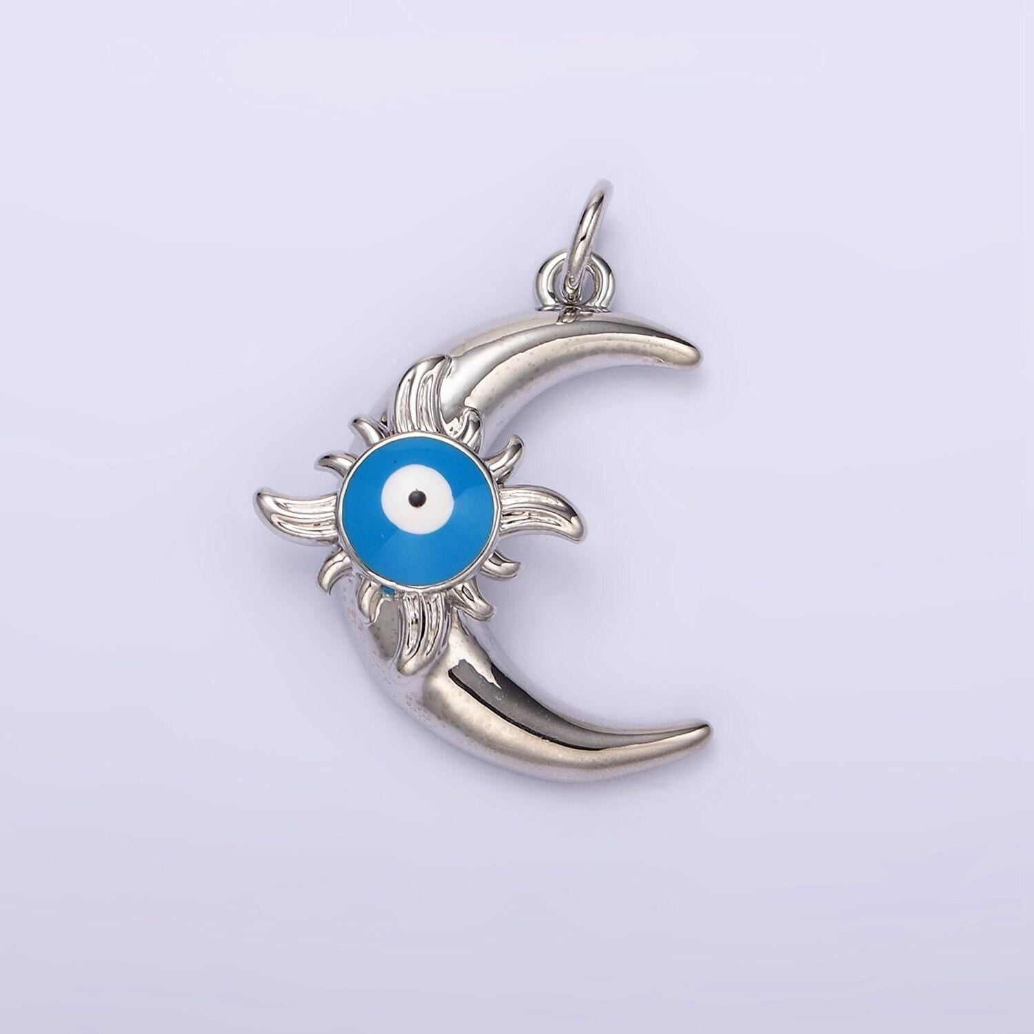 14k gold filled blue evil eye enamel celestial sun crescent moon charm in gold & silver | n1169 n1170