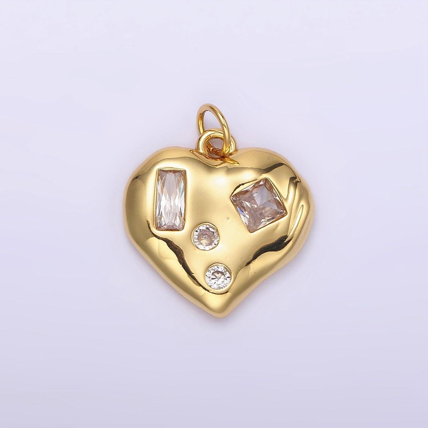 14k gold filled clear cz baguette dotted molten heart charm in gold & silver | n1163 n1164