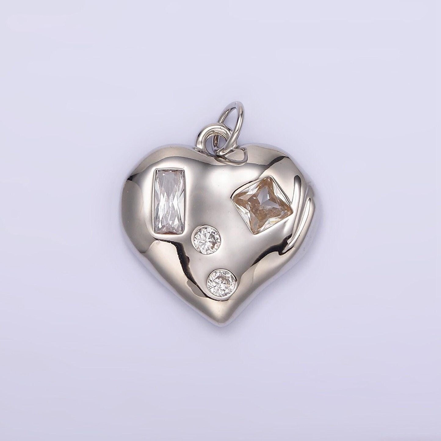 14k gold filled clear cz baguette dotted molten heart charm in gold & silver | n1163 n1164