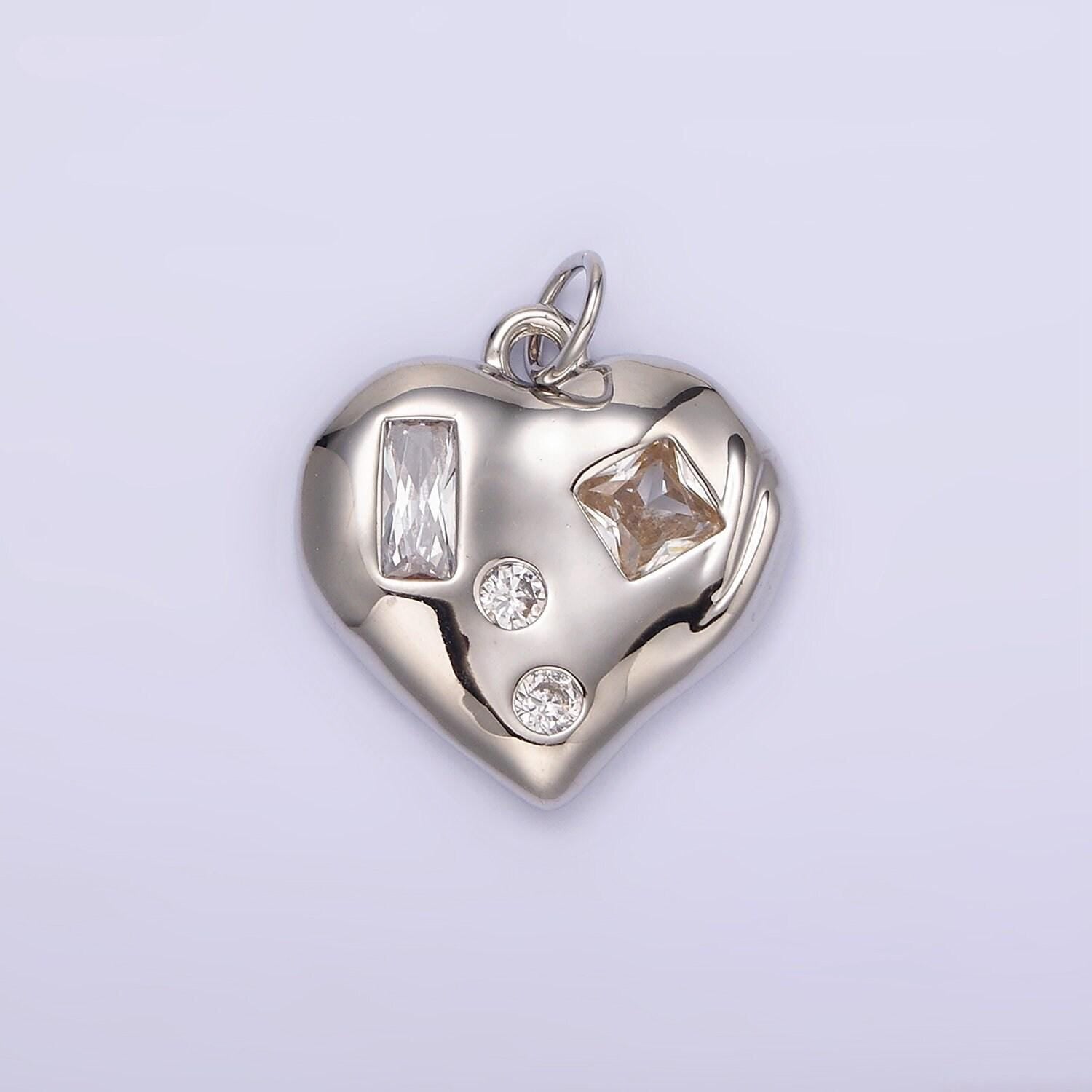 14k gold filled clear cz baguette dotted molten heart charm in gold & silver | n1163 n1164