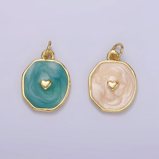 Sparkle gold white enamel heart charms, teal heart charm in round disc charm medallion for necklace, paint my heart diy craft n1146