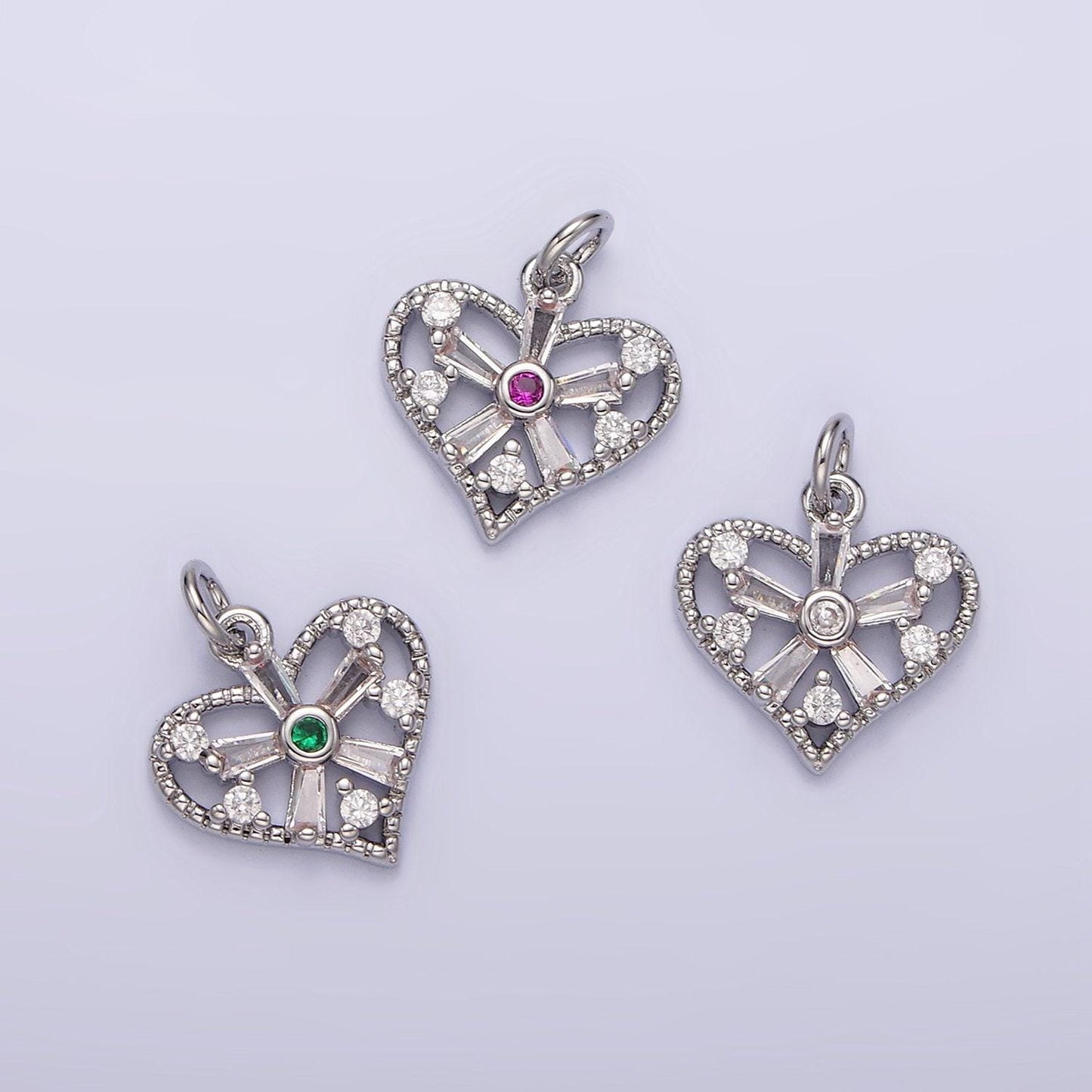 White gold filled clear, fuchsia, green, baguette flower cz open heart charm | n1142 - n1144