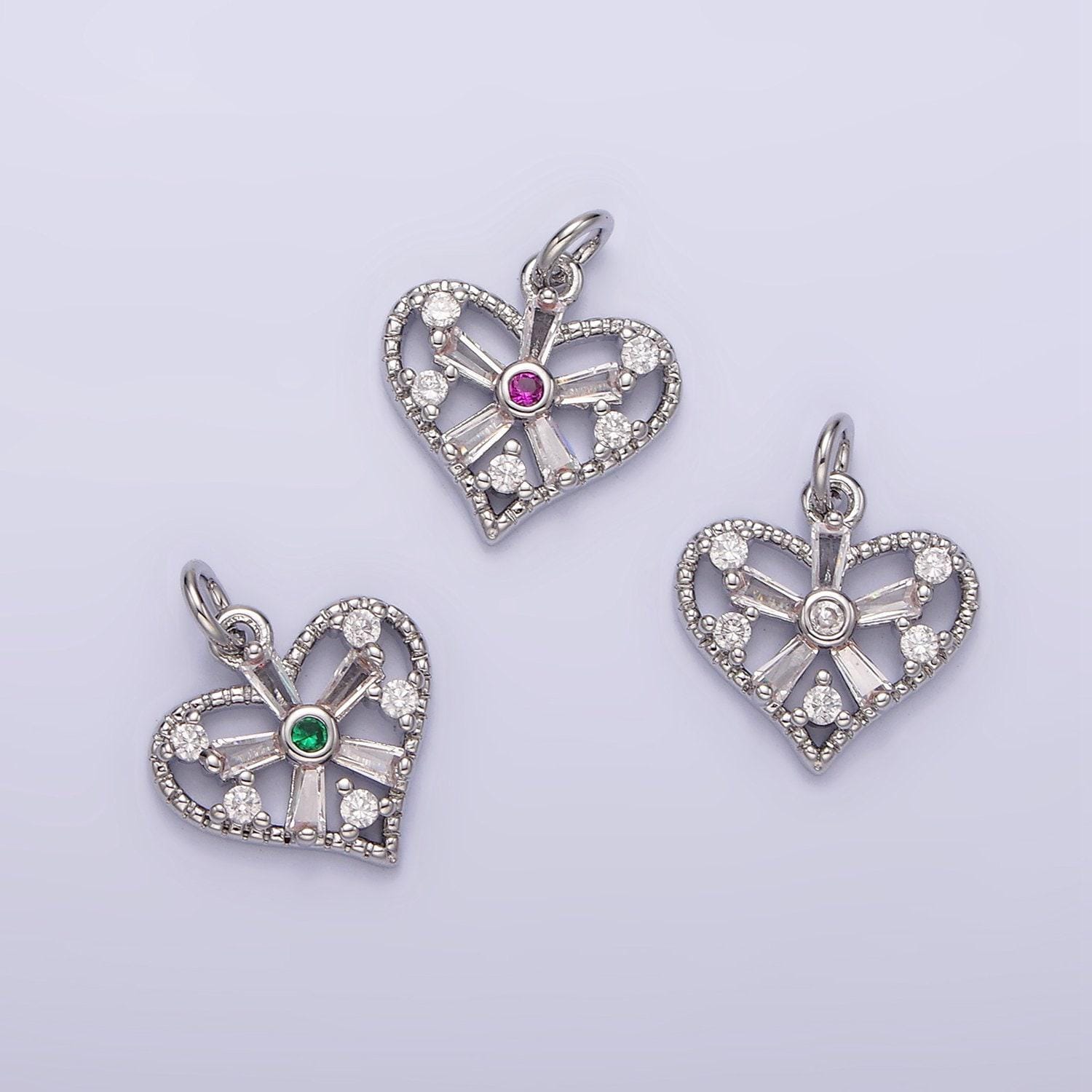 White gold filled clear, fuchsia, green, baguette flower cz open heart charm | n1142 - n1144