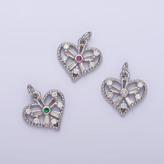 White gold filled clear, fuchsia, green, baguette flower cz open heart charm | n1142 - n1144