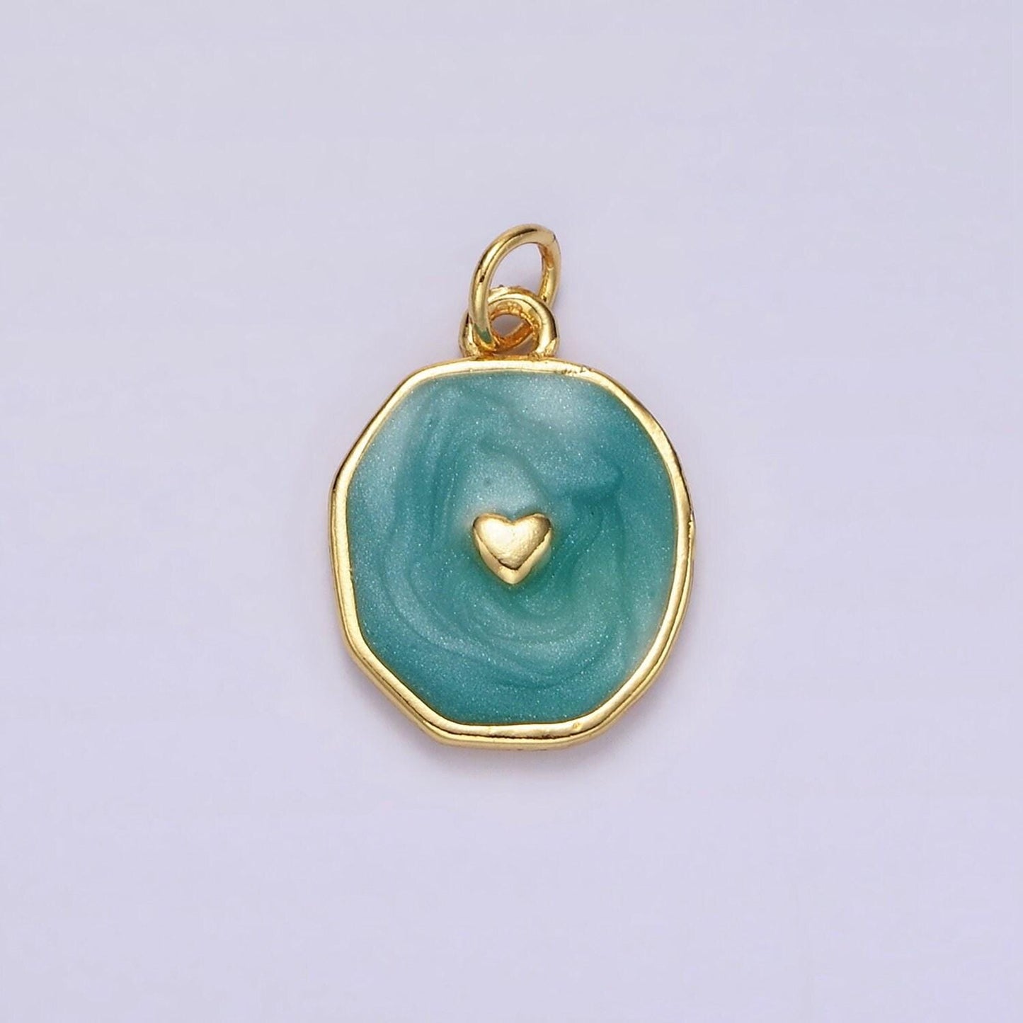 Sparkle gold white enamel heart charms, teal heart charm in round disc charm medallion for necklace, paint my heart diy craft n1146
