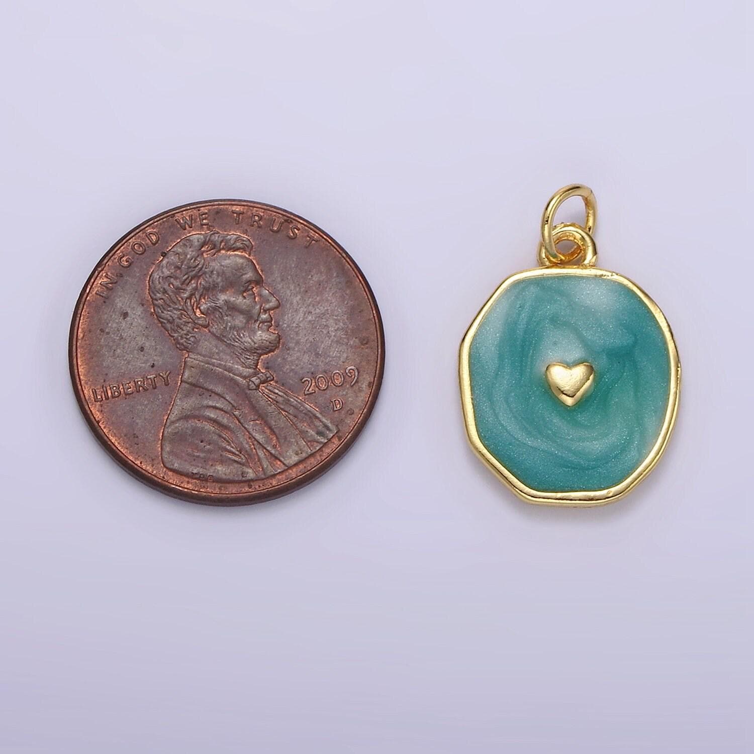 Sparkle gold white enamel heart charms, teal heart charm in round disc charm medallion for necklace, paint my heart diy craft n1146