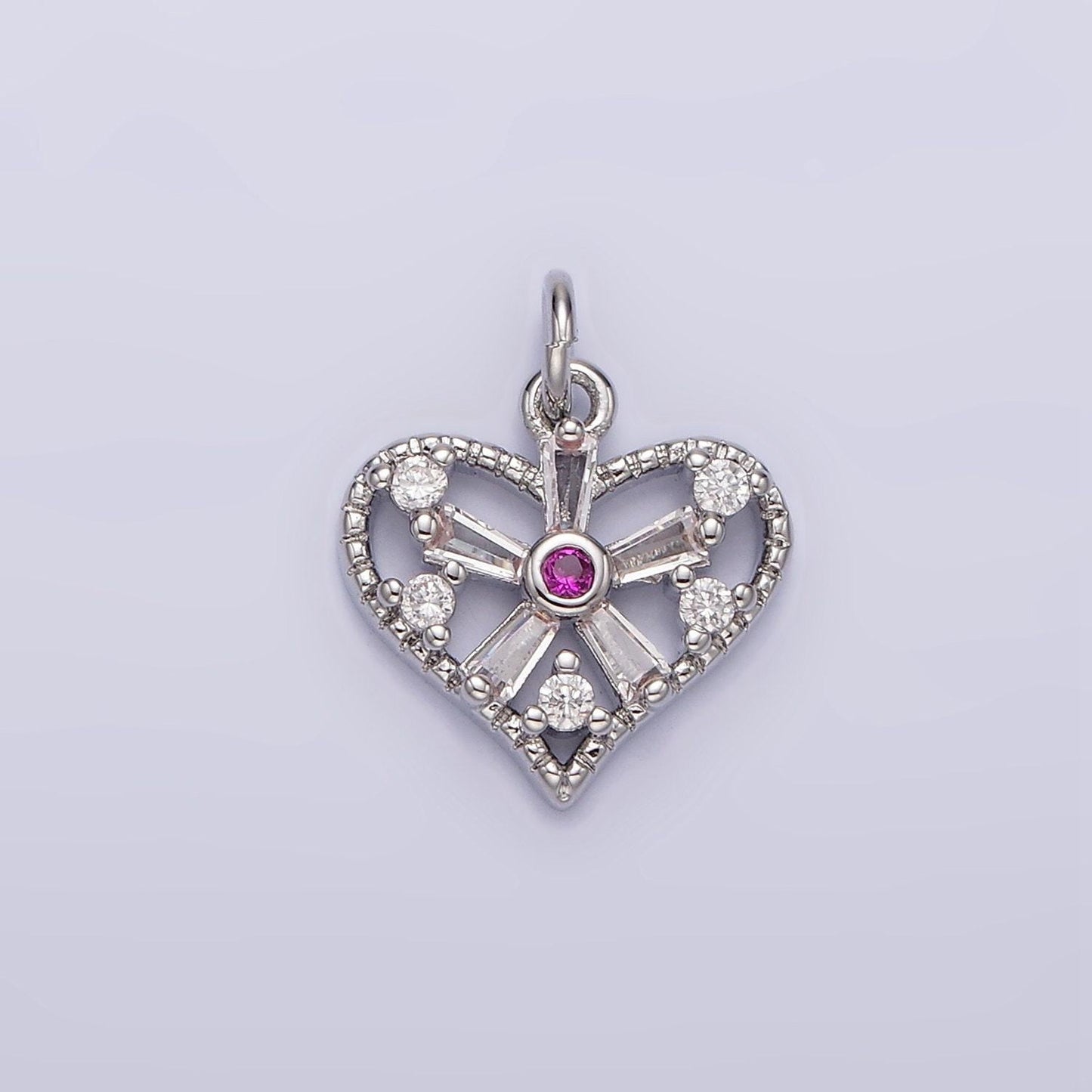 White gold filled clear, fuchsia, green, baguette flower cz open heart charm | n1142 - n1144