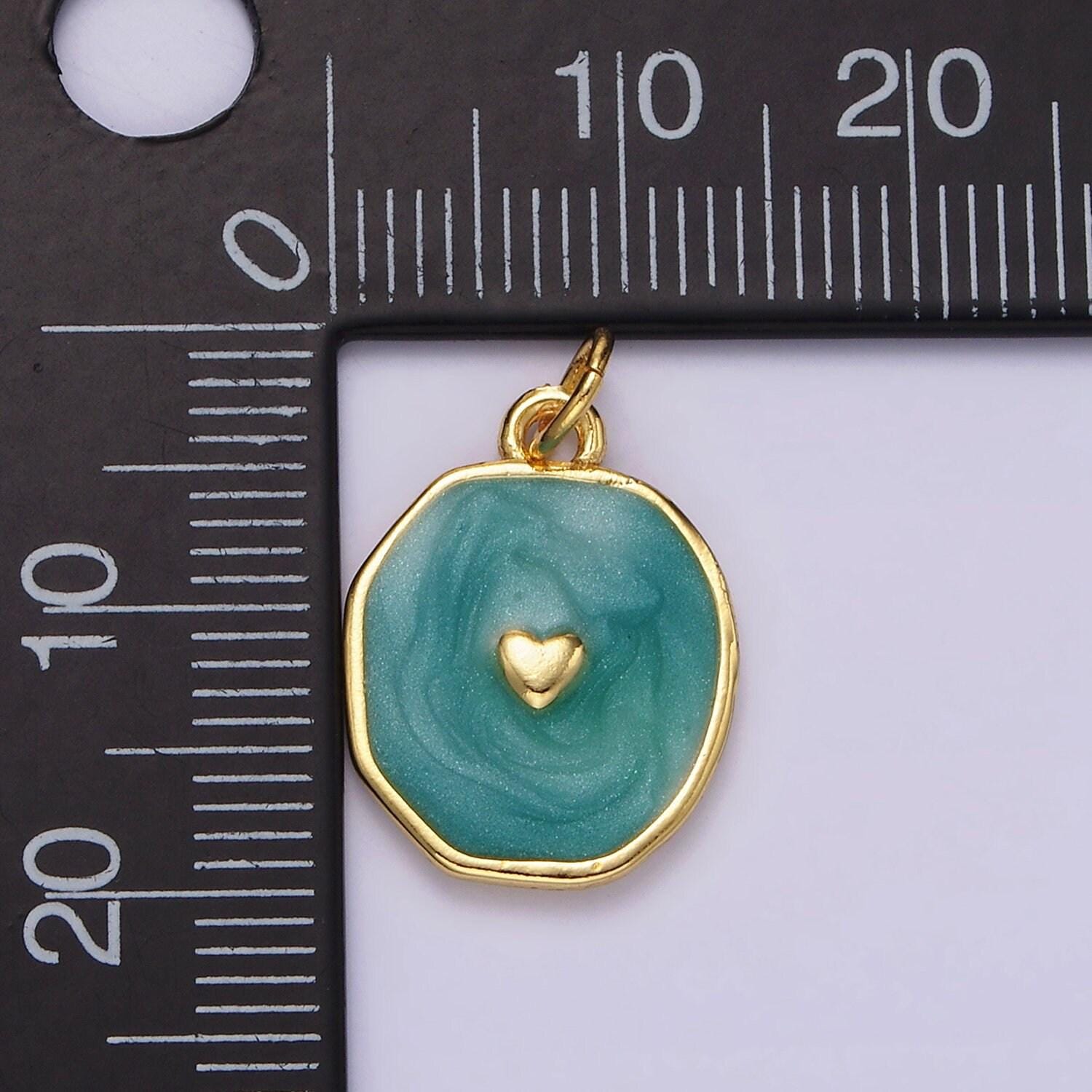 Sparkle gold white enamel heart charms, teal heart charm in round disc charm medallion for necklace, paint my heart diy craft n1146