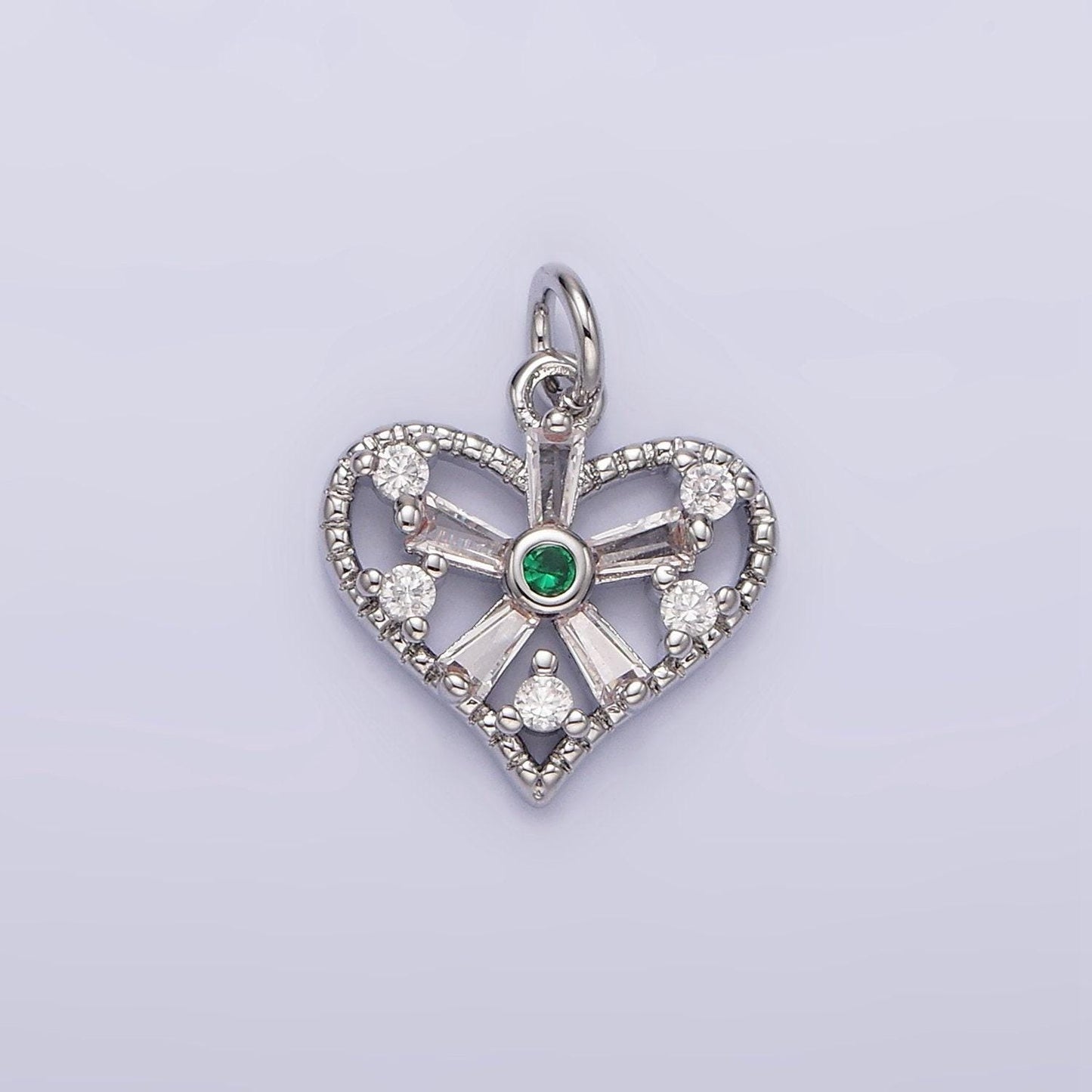 White gold filled clear, fuchsia, green, baguette flower cz open heart charm | n1142 - n1144