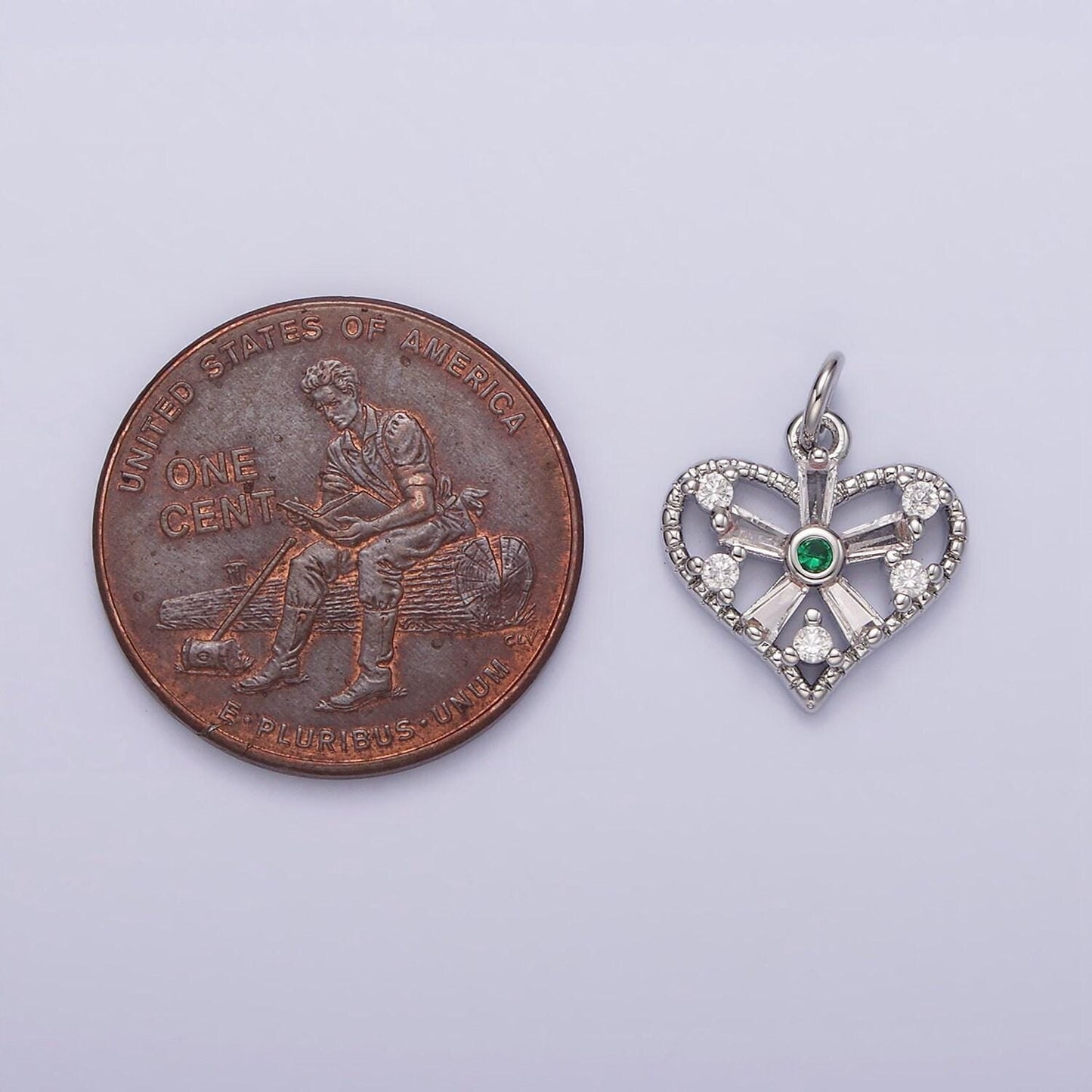 White gold filled clear, fuchsia, green, baguette flower cz open heart charm | n1142 - n1144