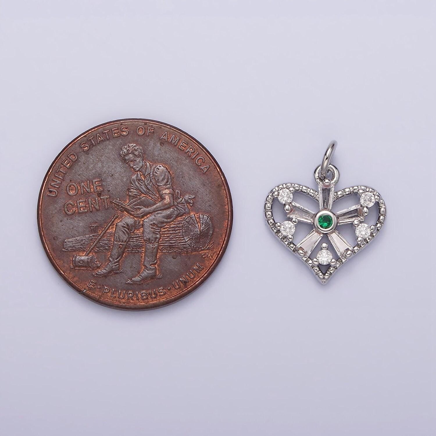 White gold filled clear, fuchsia, green, baguette flower cz open heart charm | n1142 - n1144