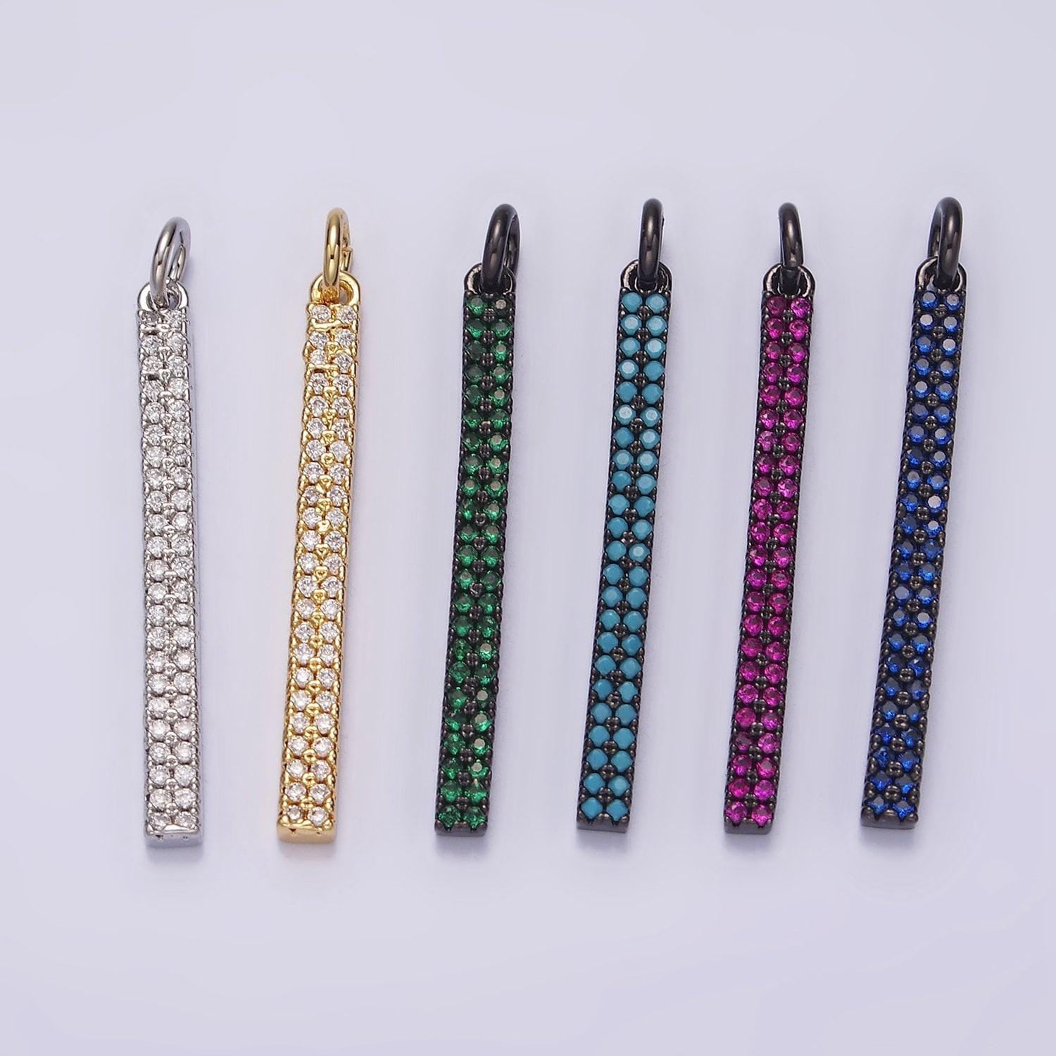 14k gold filled 35mm micro paved cz long bar charm in gold, silver & black | n1120 - n1125