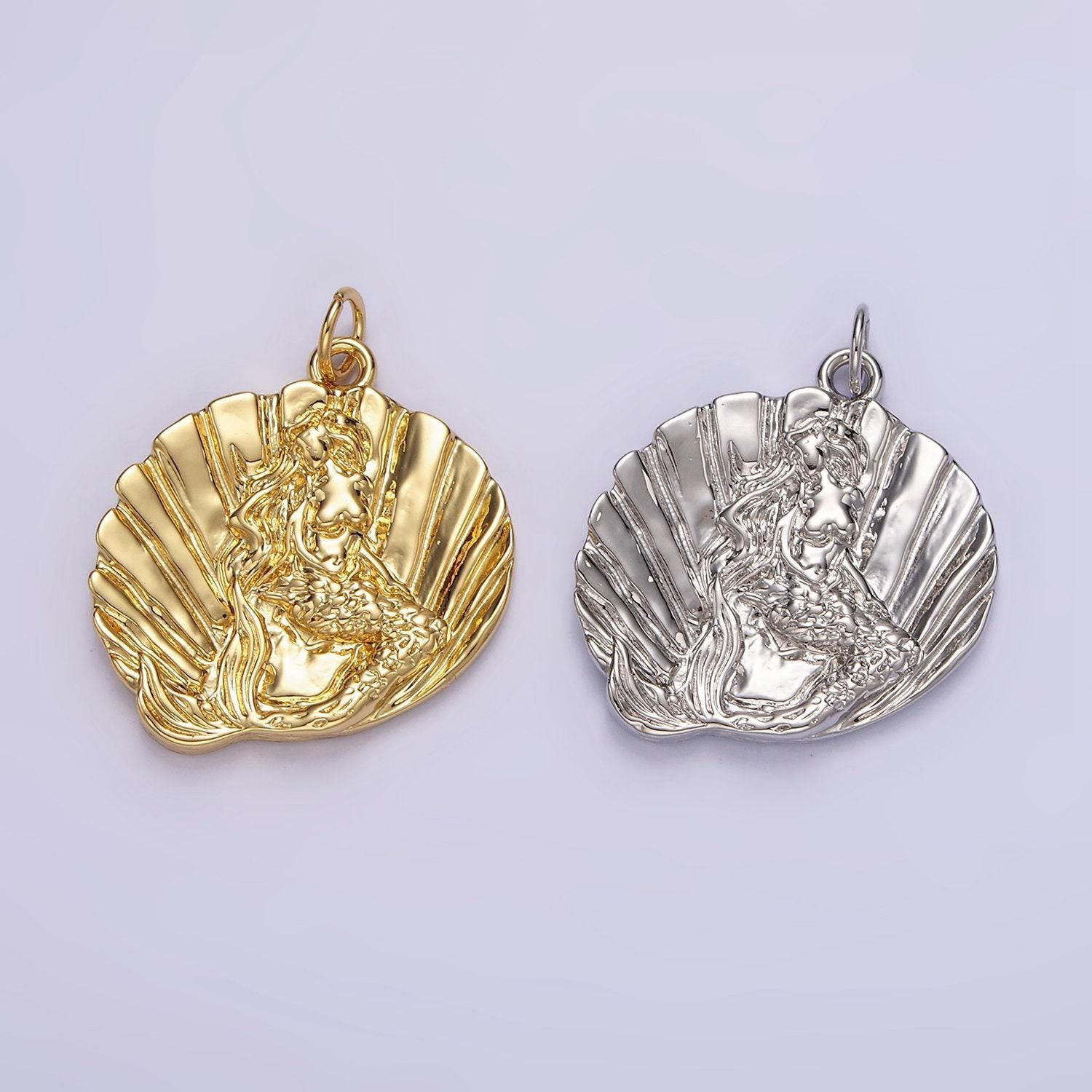 14k gold filled ocean mermaid clam sea shell dented charm in gold & silver | n1118 n1119